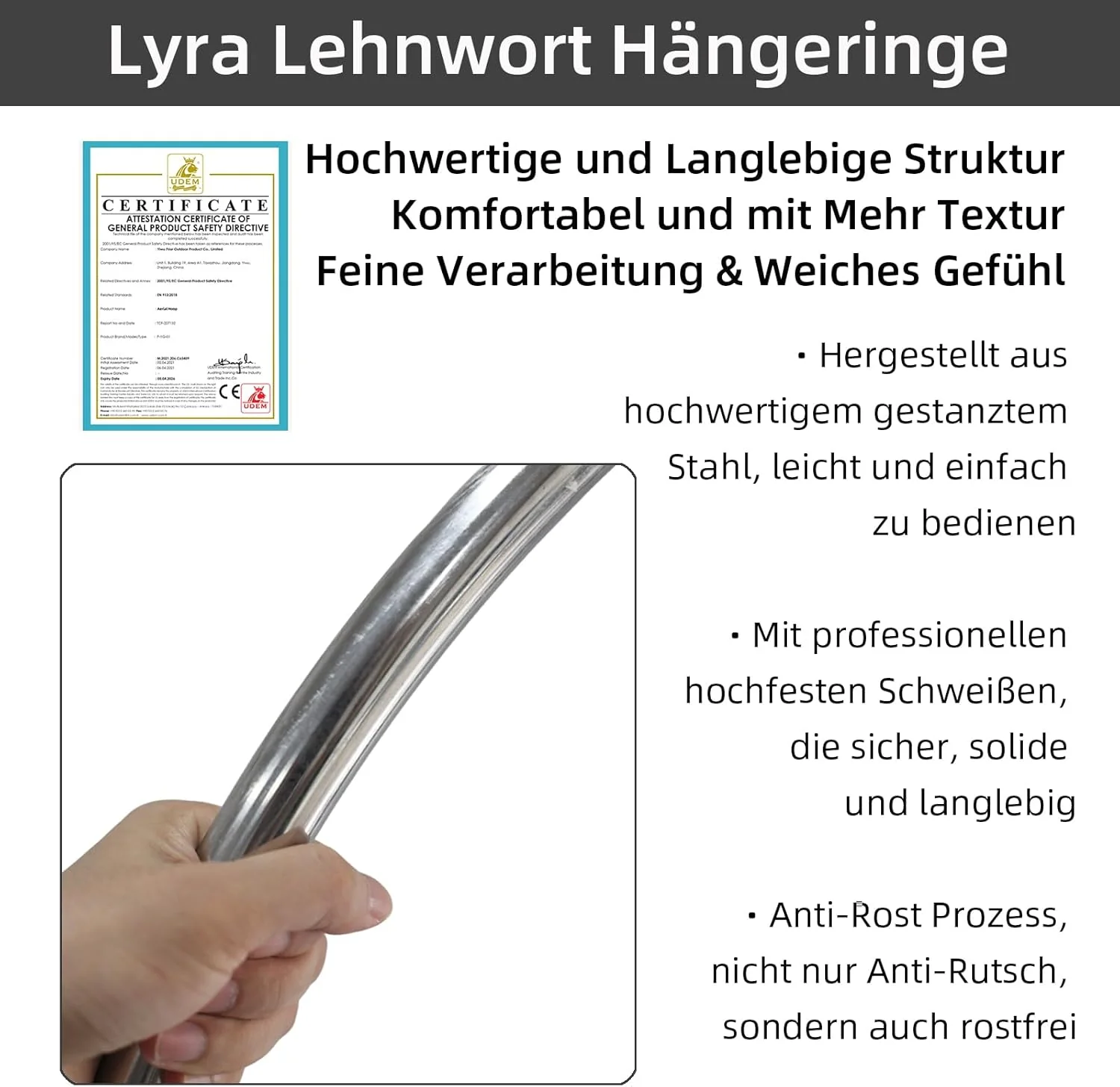 Aerial Hoop Set, Professional Aerial Lyra Hoop, 85cm/95cm/100cm 5 Grössen Edelstahl Single Point Aer - Image 2