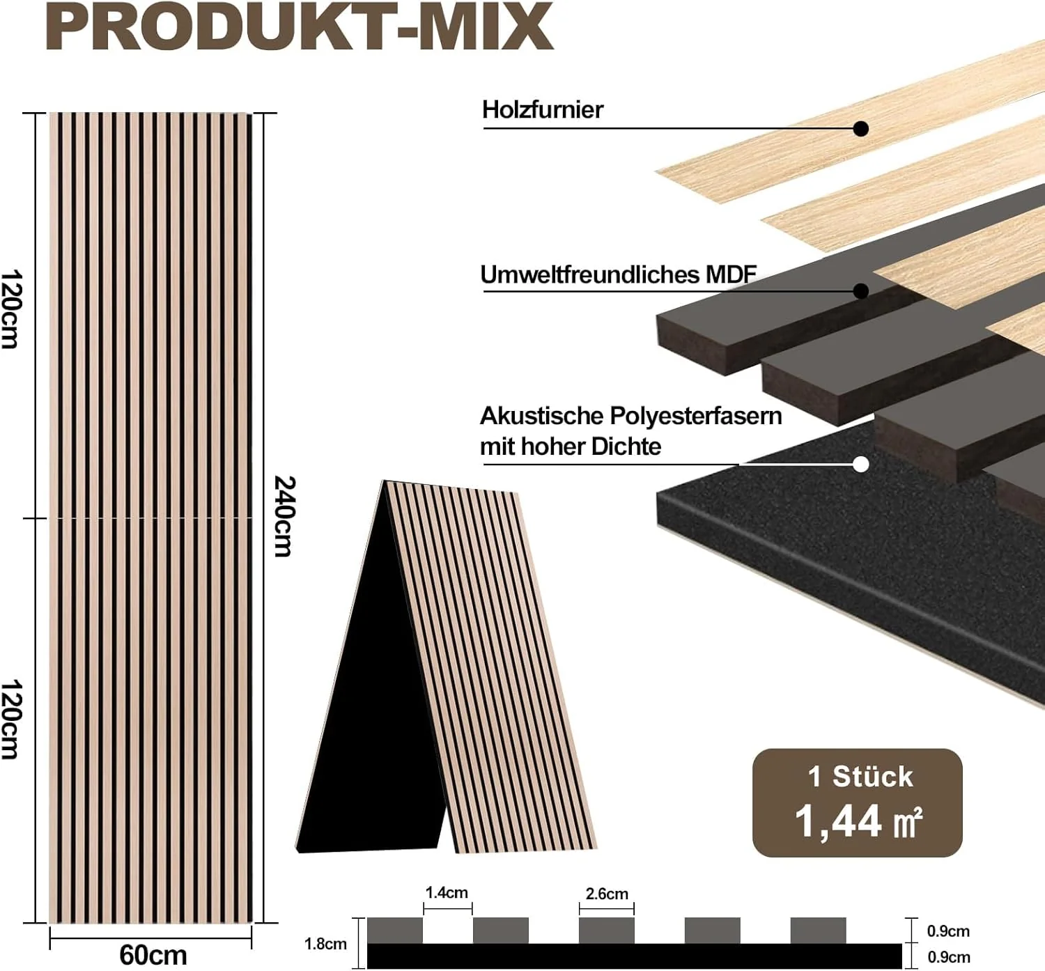 AKK-PANE Akustikpaneele Holz 240x60cm,1,44m² - Faltbar 3D Wandpaneele Holz, Akustik Paneele Wand für - Image 2