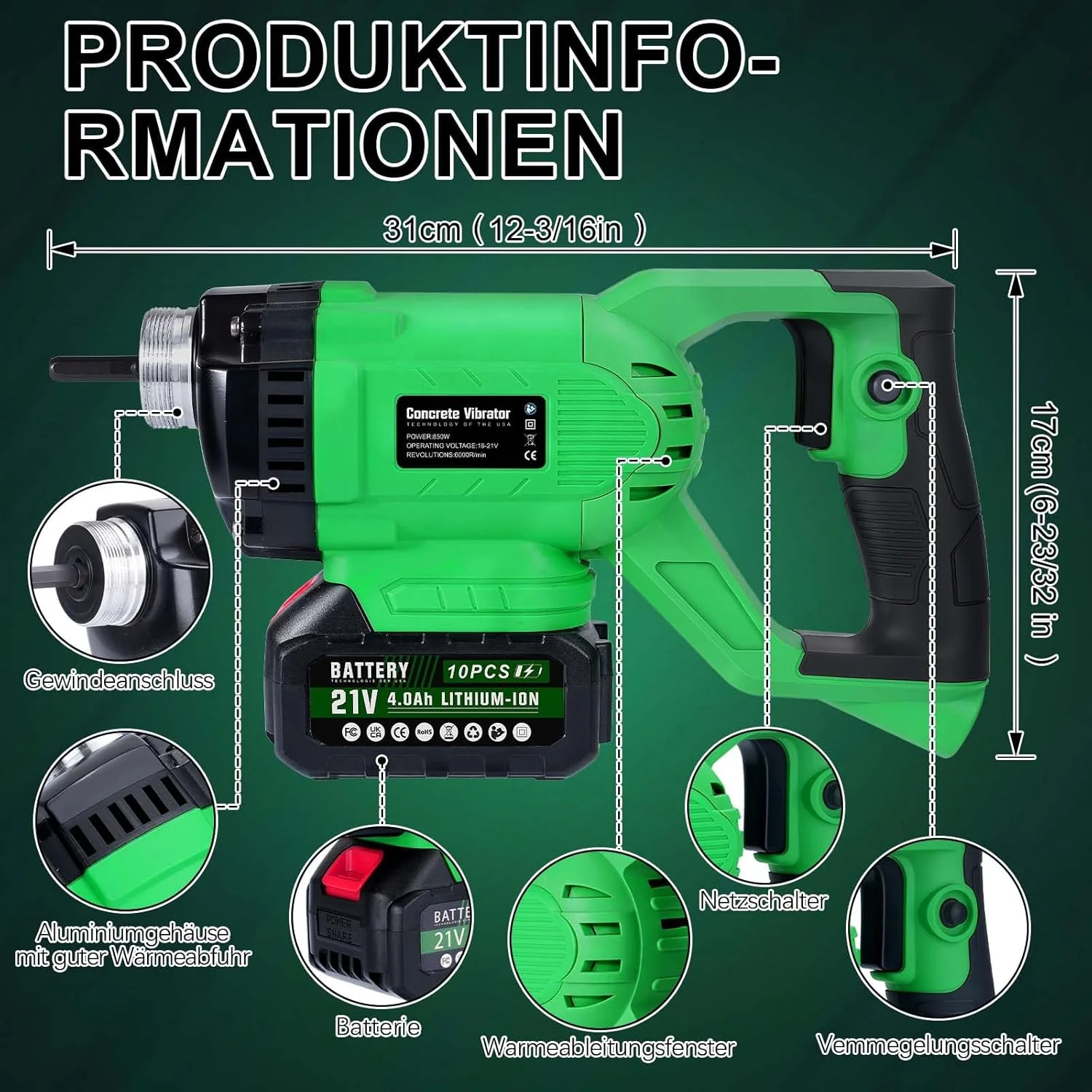 Akku Betonrüttler Kompatibel mit Makita 18V-Akku, 850W Bürstenlos Betonverdichter Betonwerkzeuge mit - Image 2