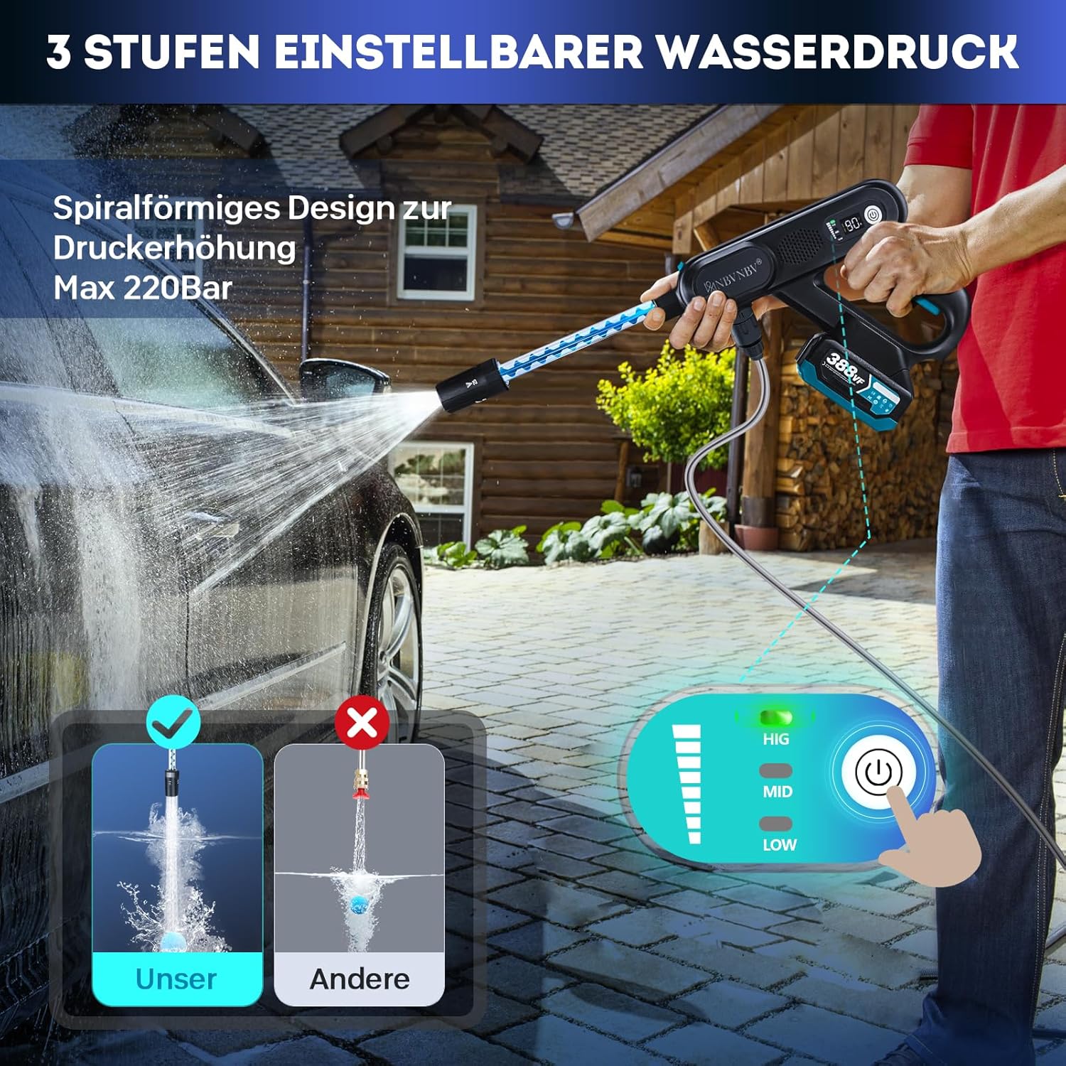 Akku Hochdruckreiniger für Makita 18V Akku, 3-Stufiger Max 220 Bar | 5-IN-1Spirale Druck Erhöhen Düs - Image 6