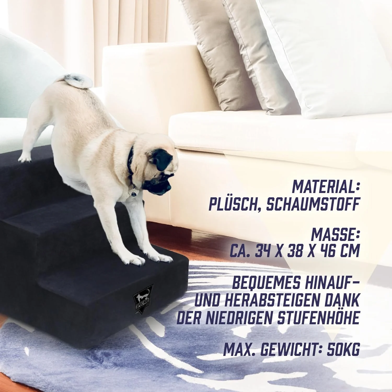 Albion Haustiertreppe | 3-stufige Hundetreppe mit Plüschbezug | Katzentreppe für Sofa, Bett & Auto | - Image 3