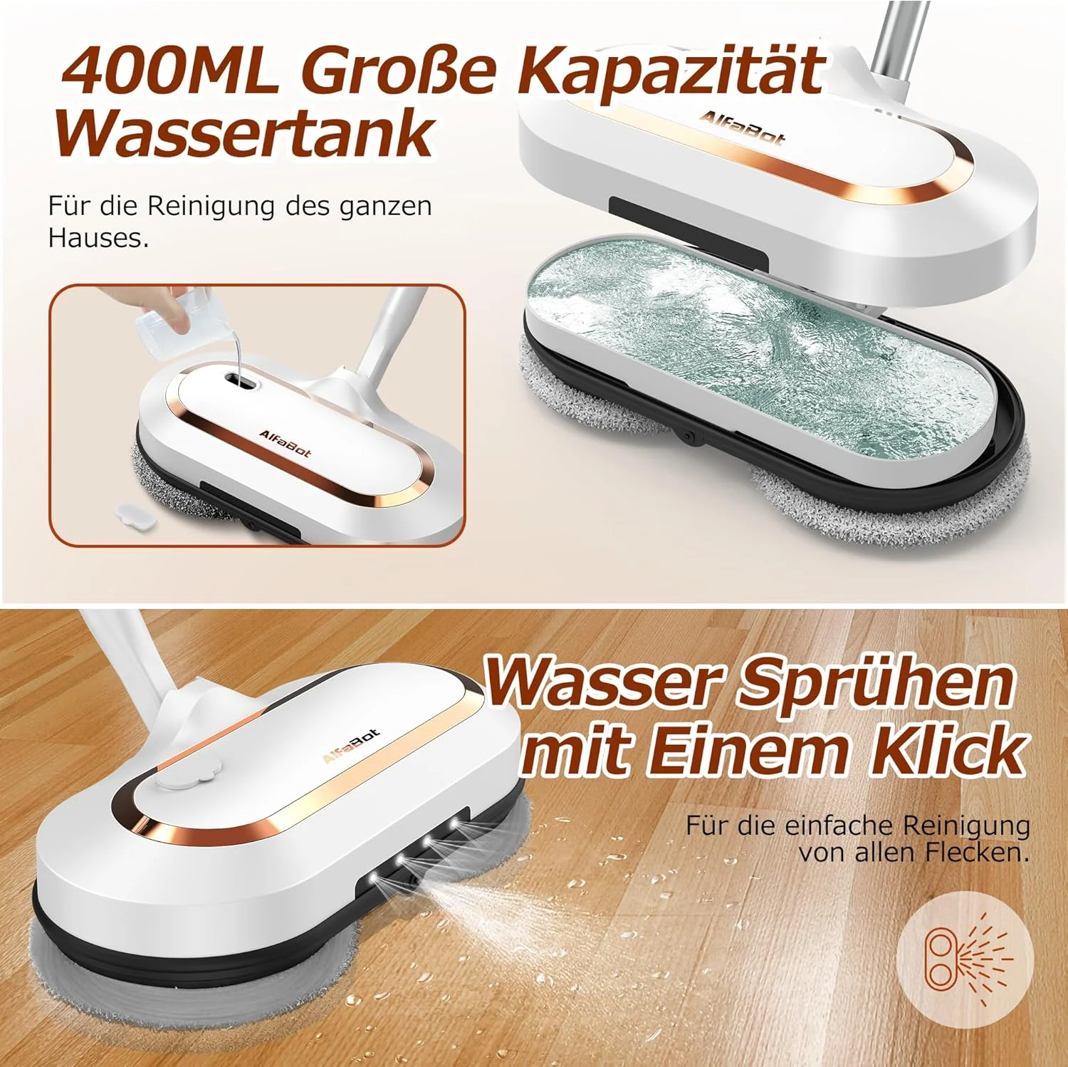 AlfaBot S2 Kabellos Elektrischer Mopp, bodenreiniger Spin Mop, Elektrischer Mop mit Sprühfunktion un - Image 2