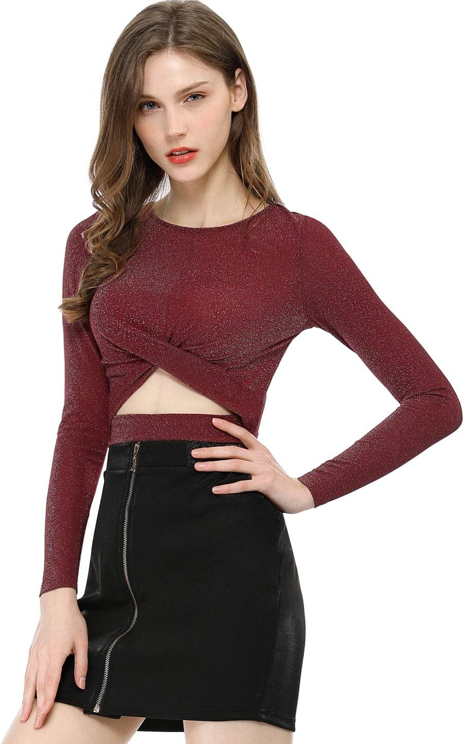 Allegra K Damen Crop Top Festival Outfit Glitzer Langarm Rundhals Crop Top Bauchfreies Shirt XS Burg - Image 3
