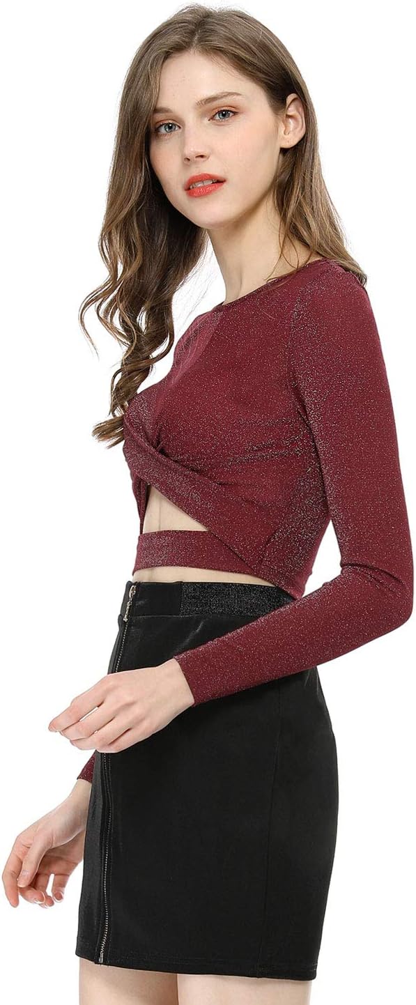 Allegra K Damen Crop Top Festival Outfit Glitzer Langarm Rundhals Crop Top Bauchfreies Shirt XS Burg - Image 4