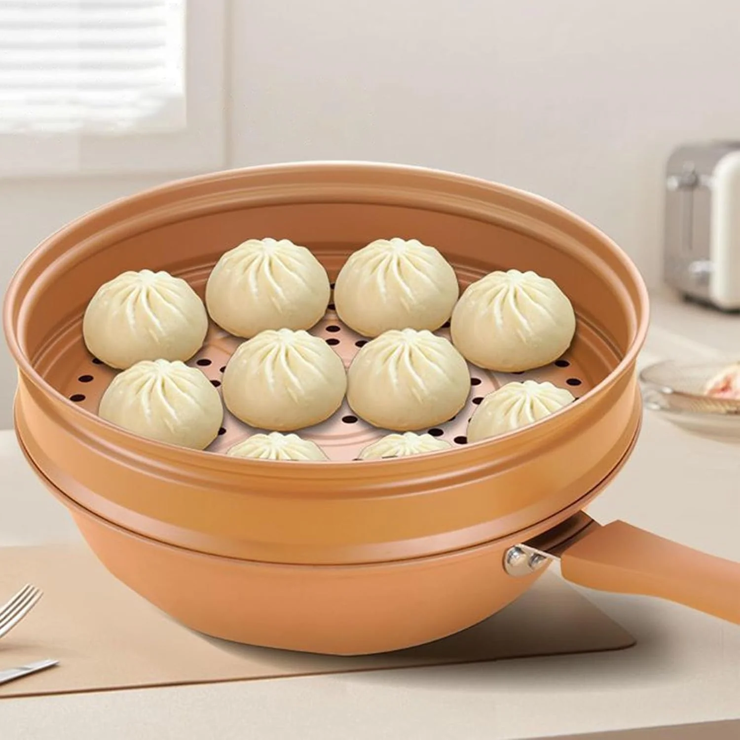Anloximt 51 cm Wok- und Rührbratpfanne Kupfer Antihaftbeschichtung Wok mit Dämpfeinsatz Wokpfanne mi - Image 6