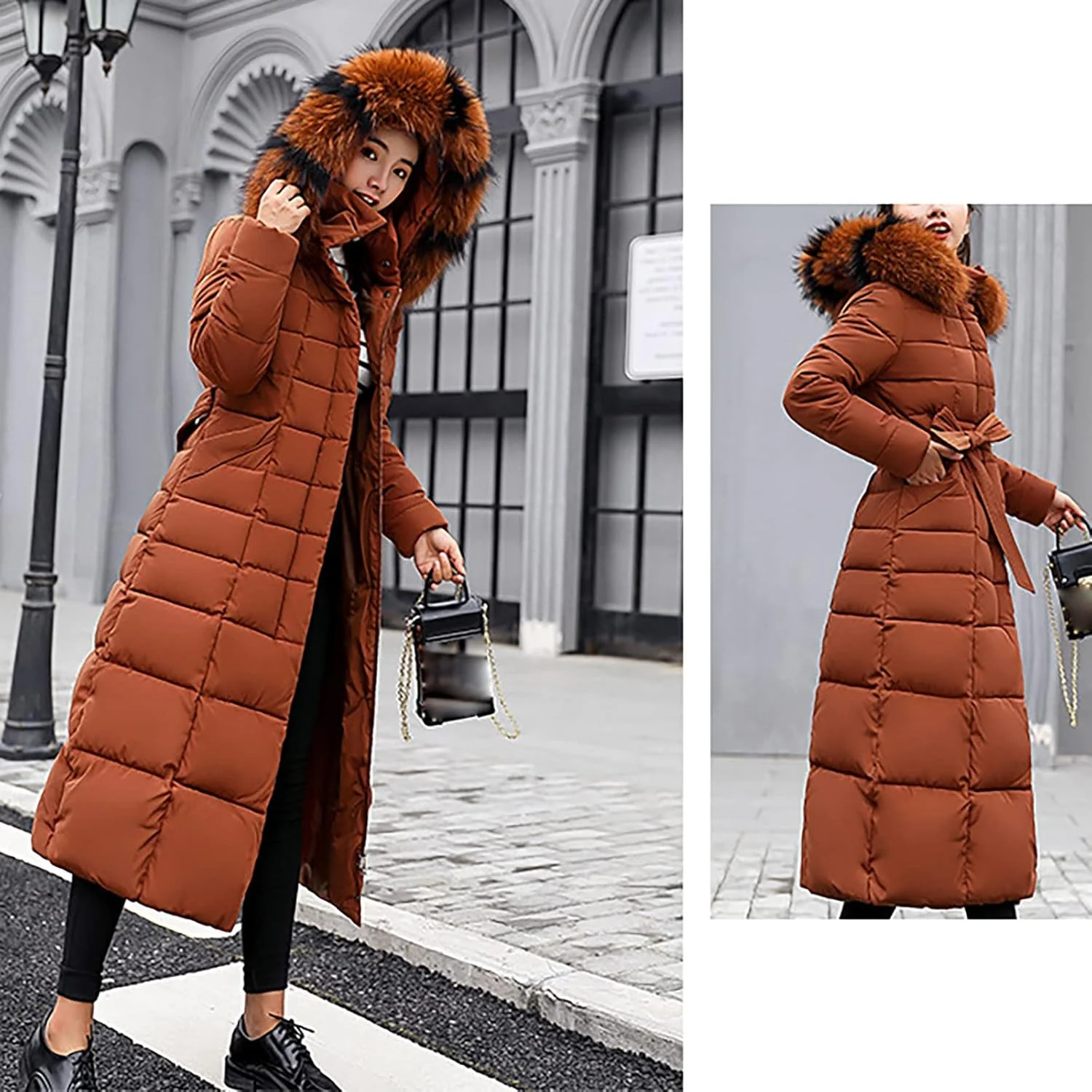 Ansenesna Steppjacke Damen Lang Mit Fellkapuze Winter Elegant Winterjacke Frauen Kapuze Dicke Daunen - Image 4