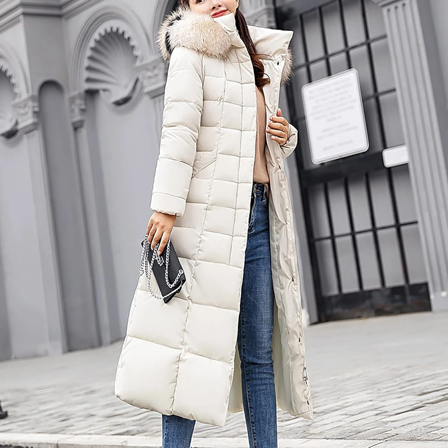 Ansenesna Steppjacke Damen Lang Mit Fellkapuze Winter Elegant Winterjacke Frauen Kapuze Dicke Daunen - Image 2
