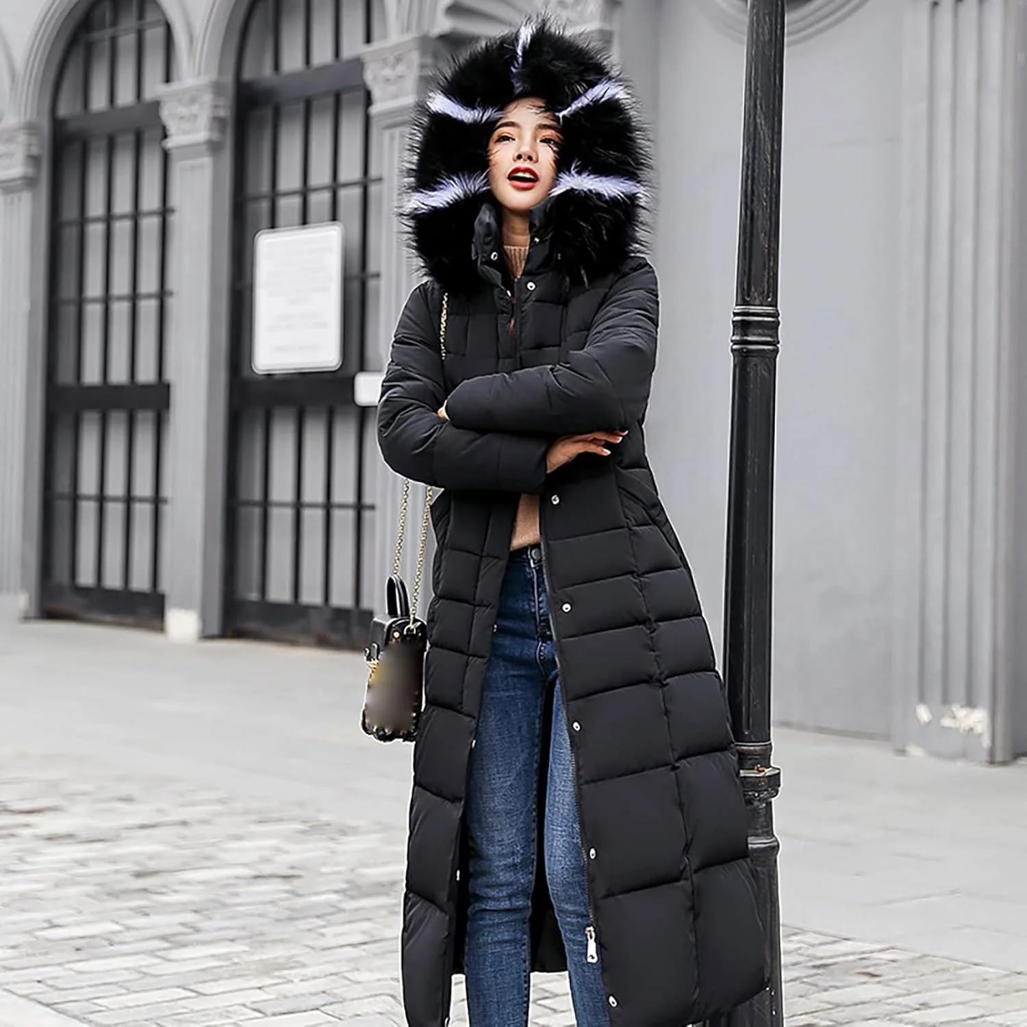 Ansenesna Steppjacke Damen Lang Mit Fellkapuze Winter Elegant Winterjacke Frauen Kapuze Dicke Daunen - Image 2