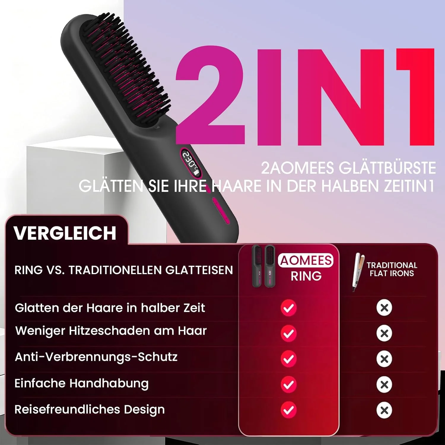 AOMEES 2-in-1 Kabellose Glättbürste, Tragbare Haarglättbürste mit 9600-mAh-Akku & Ionentechnologie, - Image 3
