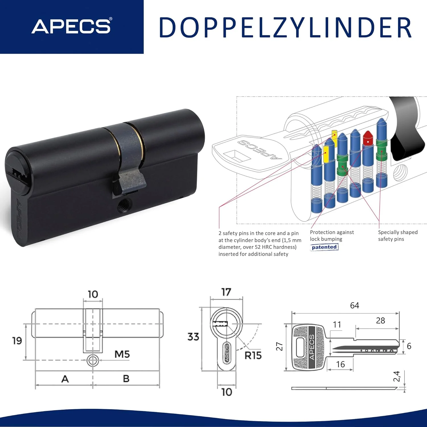 APECS Zylinderschloss Profilzylinder Schwarz 95 (45/50) mm fur Türschloss Haustür mit 5 Schlüsseln M - Image 3