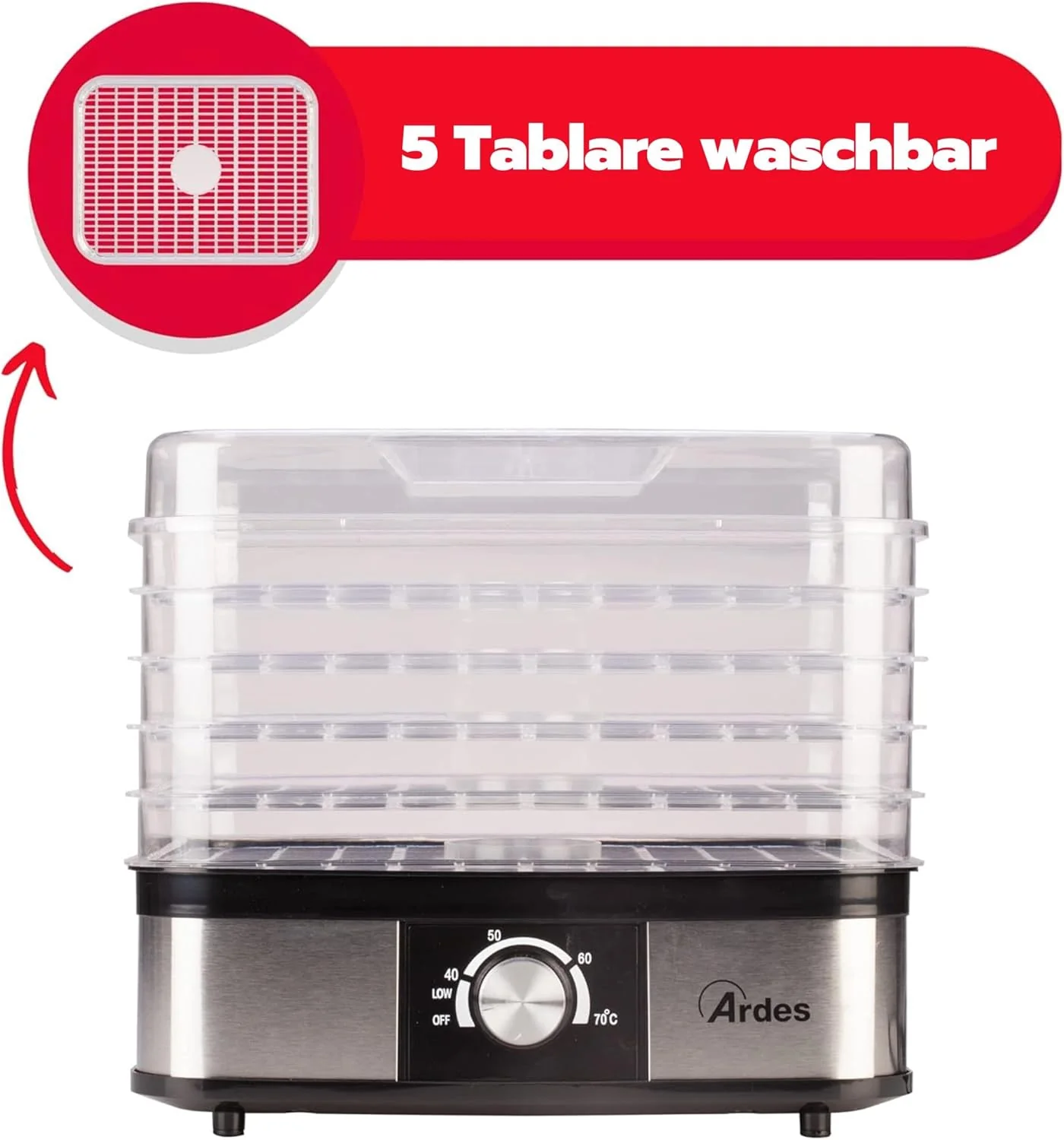 ARDES - AR1K15 Lebensmitteltrockner für Obst, Gemüse und Pilze, schnelle Trocknung, 5 waschbare Eben - Image 4