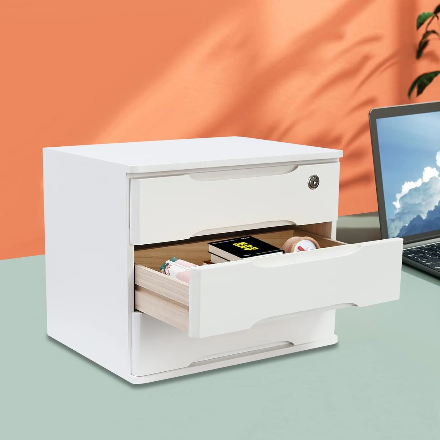 Aufbewahrungsbox mit 3 Ebenen, mit abschliessbarer Schublade, Schreibtisch-Organizer aus Holz, L 39 - Image 5