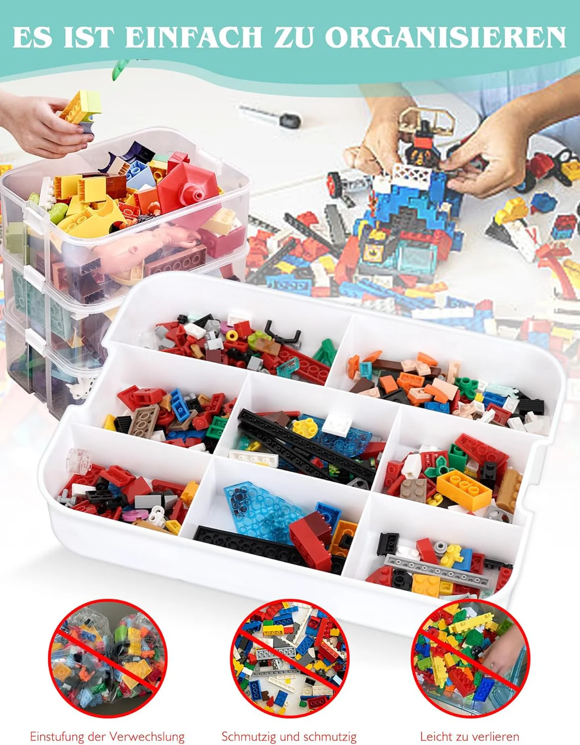 Aufbewahrungsboxen mit Deckel für Lego, 2 Ebenen Transparente Sortierboxen für Kleinteile, Plastik S - Image 3