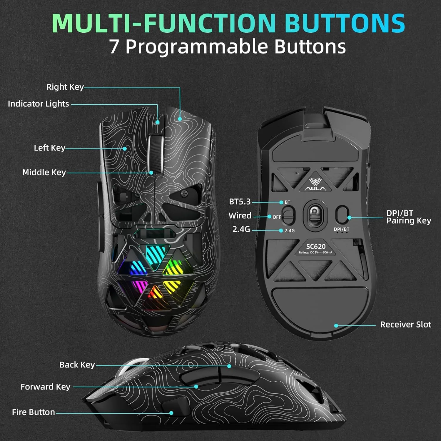 AULA SC620 Kabellose Gaming Maus,BT5.0/2.4G/USB-C,mit PixArt PAW3311-Sensor,12000DPI,8KHz,Feuertaste - Image 8