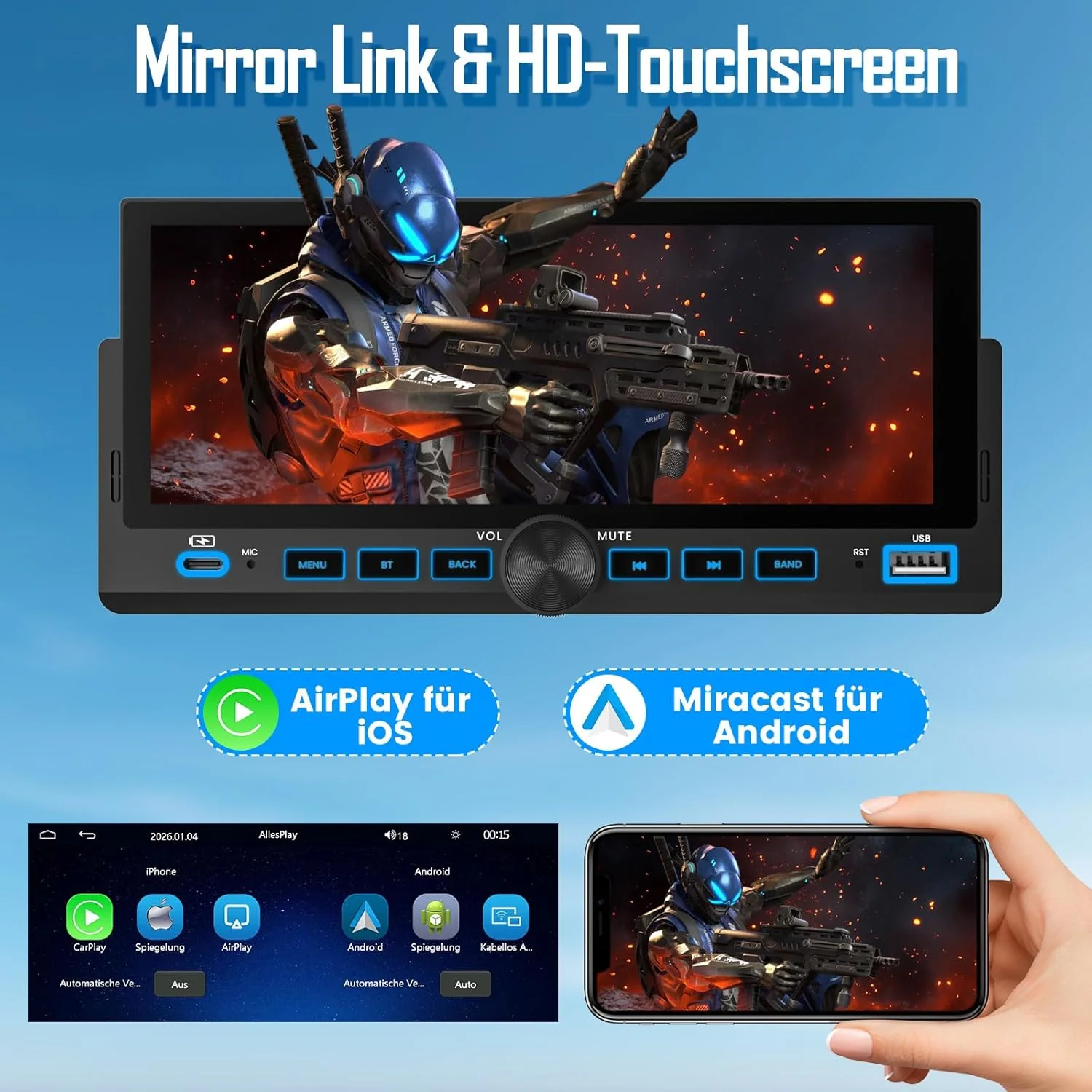 Autoradio 1 DIN mit Wireless CarPlay & Android Auto, Bluetooth Freisprecheinrichtung, FM Radio, Bild - Image 4