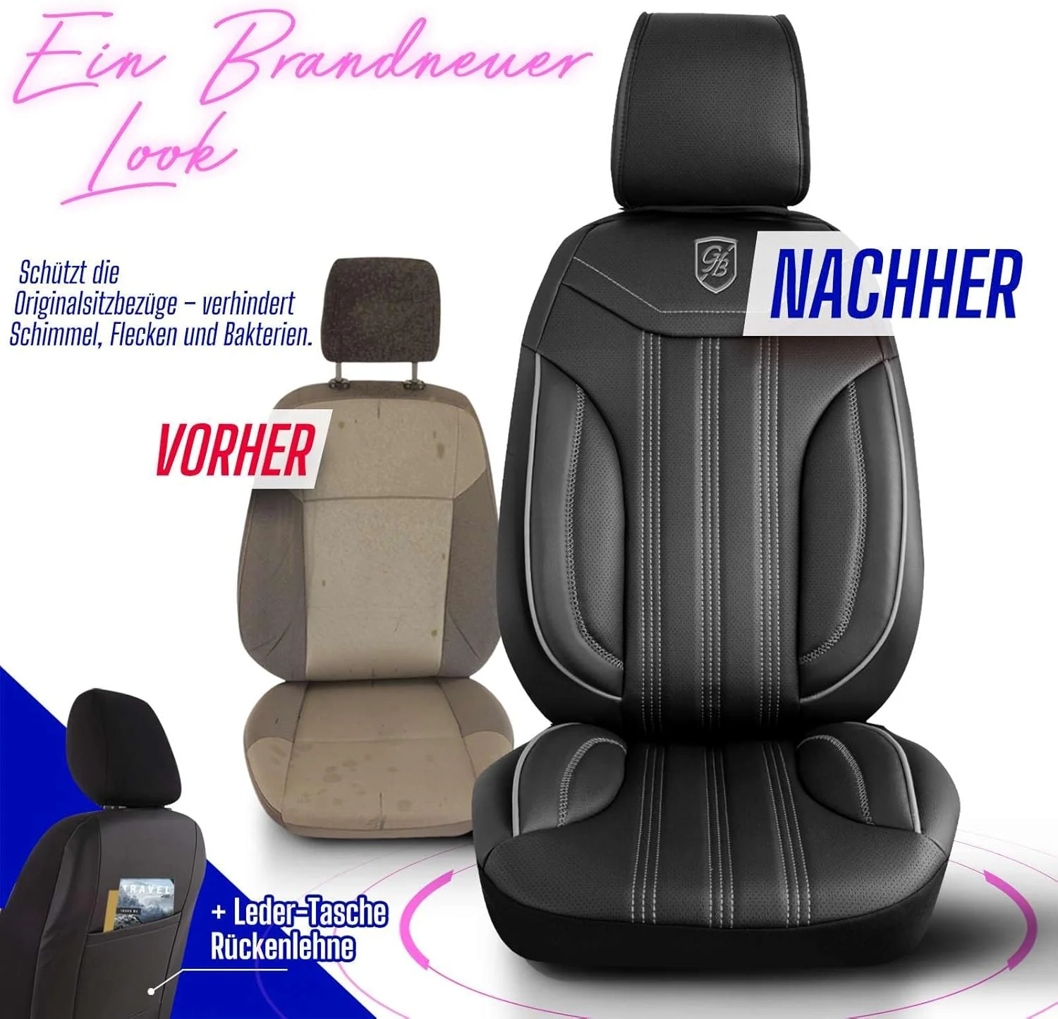 Autositzbezüge Universal für PKW & SUV – Premium Vordersitze Auto Sitzbezug aus Leder, Schwarz-Grau, - Image 5