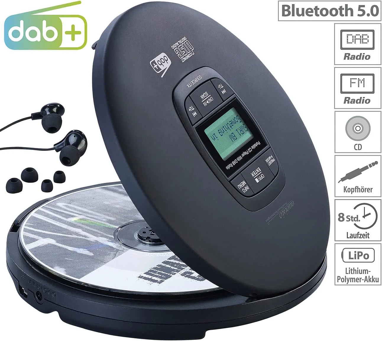 auvisio CD Spieler: Tragbarer CD-Player, DAB+ Radio, Bluetooth, Akku, Ohrhörer, Anti-Shock (CD Playe - Image 3
