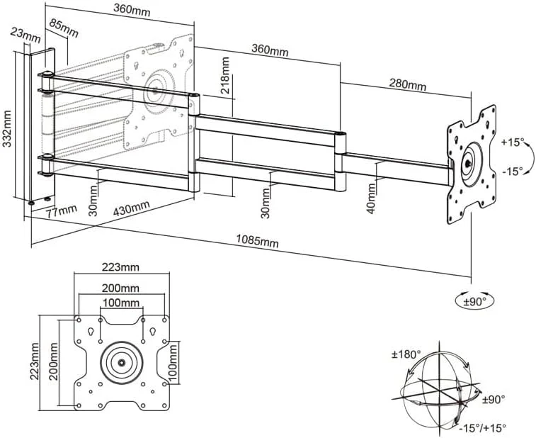 Axis XL 108,5cm TV Wandhalterung schwenken neigen rotieren, TV bis 25kg, VESA 200x200 weiss 108,5 cm - Image 7
