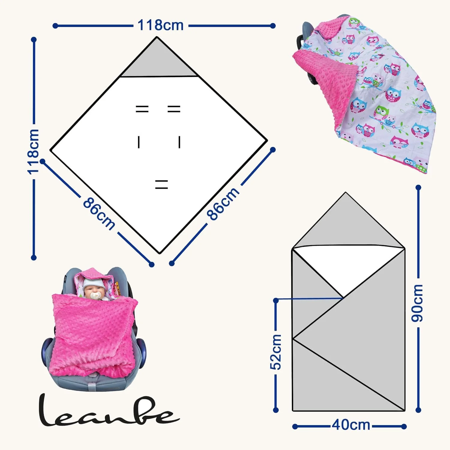 Baby Einschlagdecke Doppelseitig 86x86 cm Minky-Plüsch für Kinderwagen und Babybett (Rosa Minky-Eule - Image 6