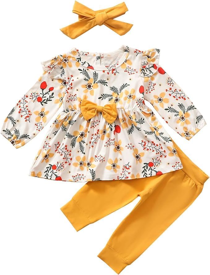 Baby Mädchen Kleidung Bow Floral Rüsche Langarm Top+ Hosen+Stirnband 3Pcs Bekleidungssets 18-24 Mona - Image 2
