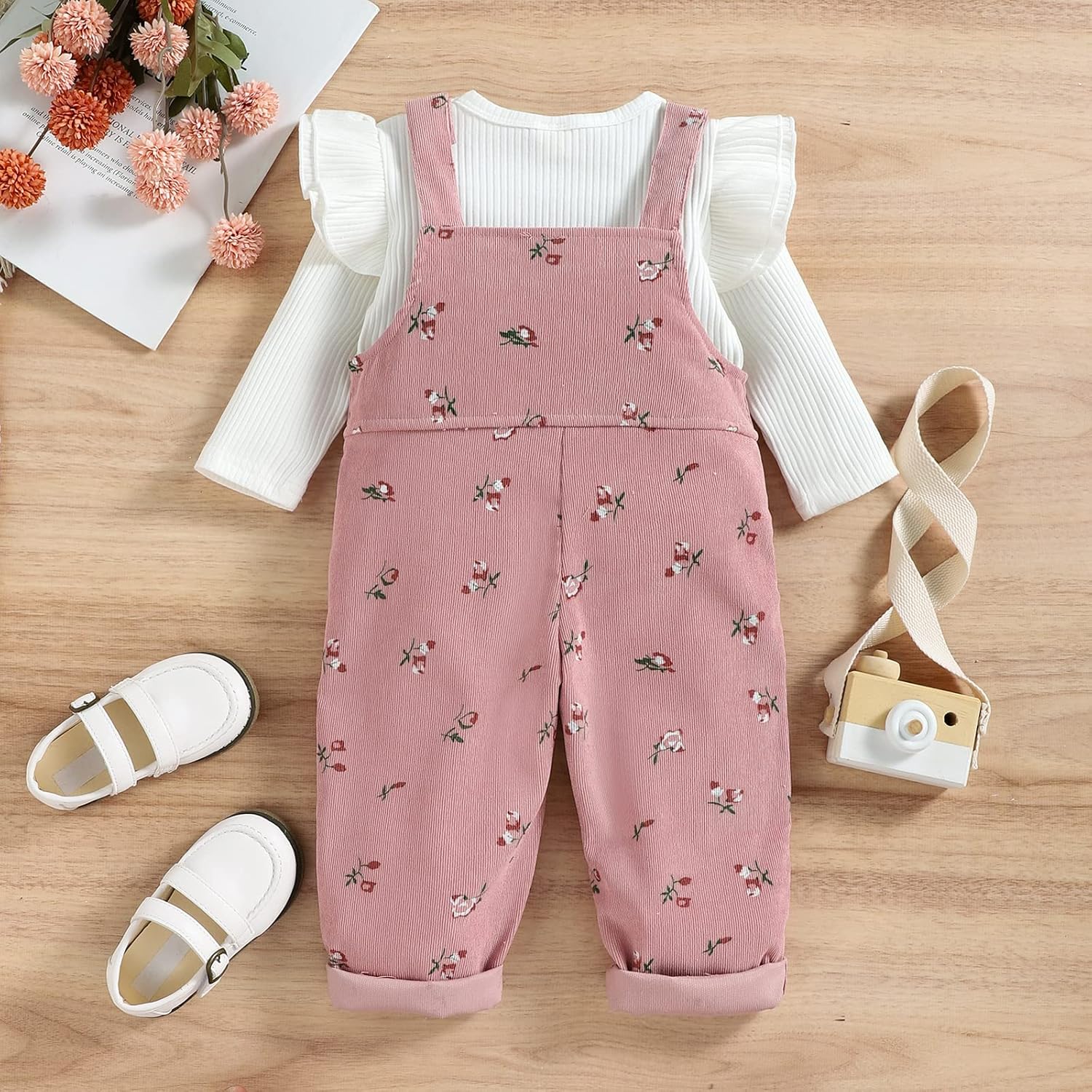 Baby Mädchen Kleidung Rippstrick Langärmelig Oberteile Blumenmuster Hosenträgerhose mit Tasche Outfi - Image 2