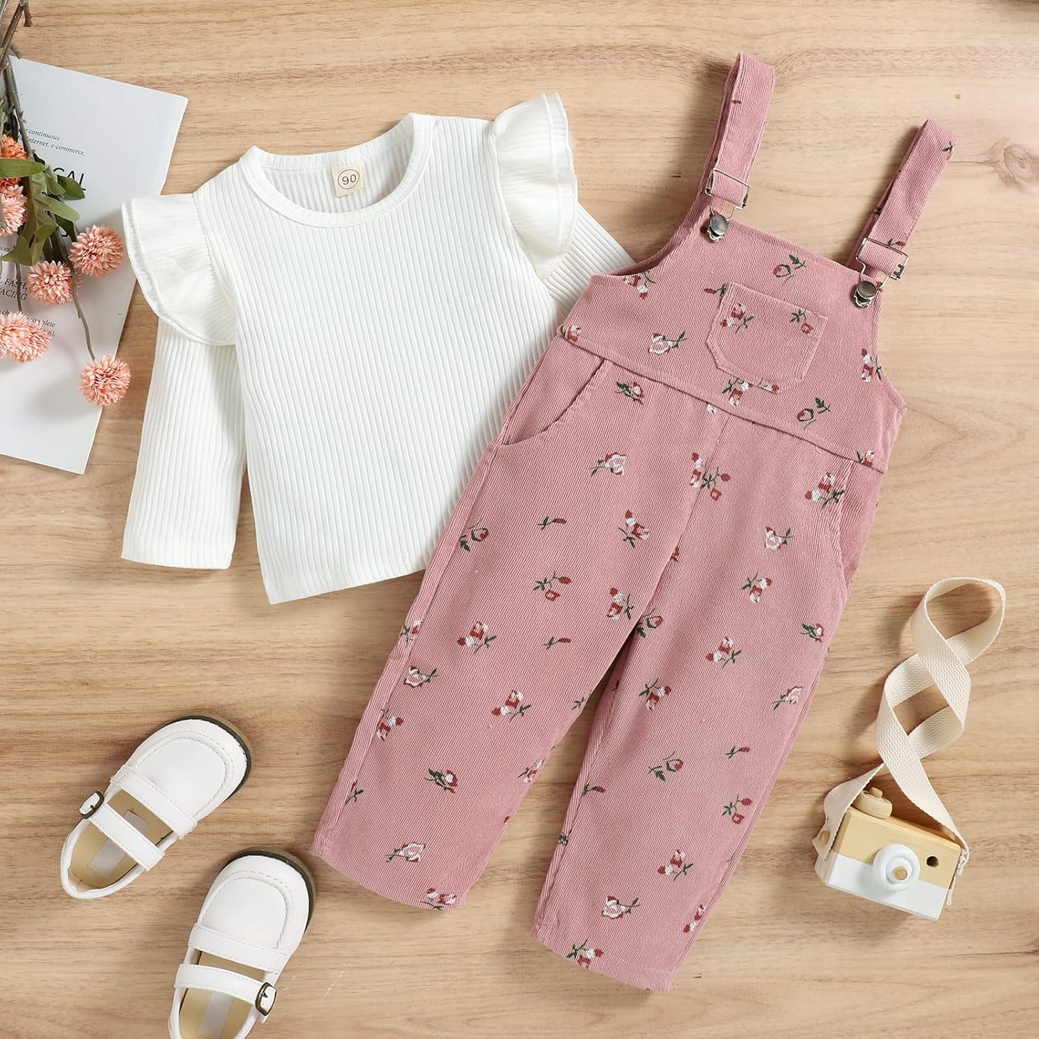 Baby Mädchen Kleidung Rippstrick Langärmelig Oberteile Blumenmuster Hosenträgerhose mit Tasche Outfi - Image 3