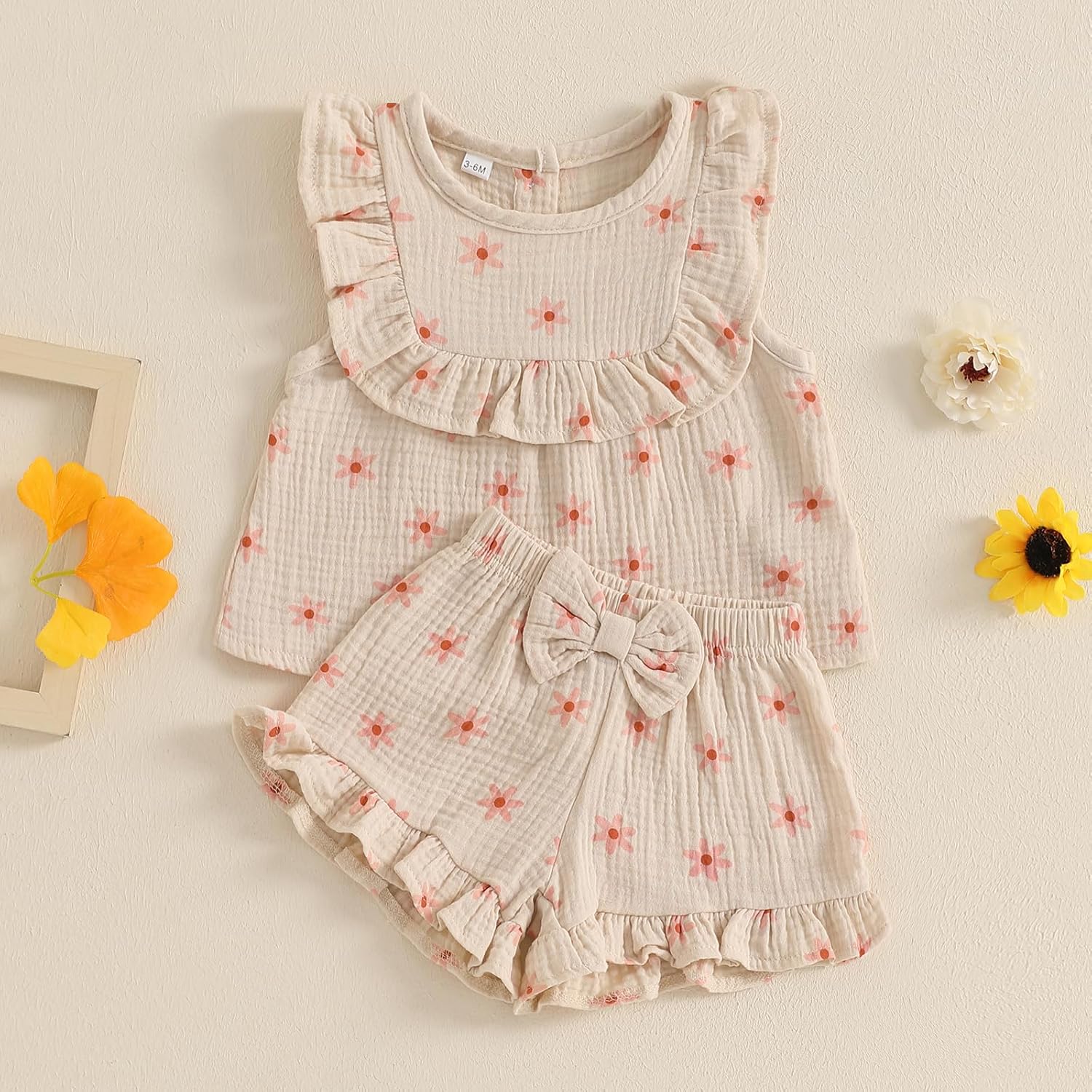 Baby Mädchen Musselin Kleidungset Kurzarm Oberteil+ Shorts Rüschen Babysets Schleife und Blumenmuste - Image 2