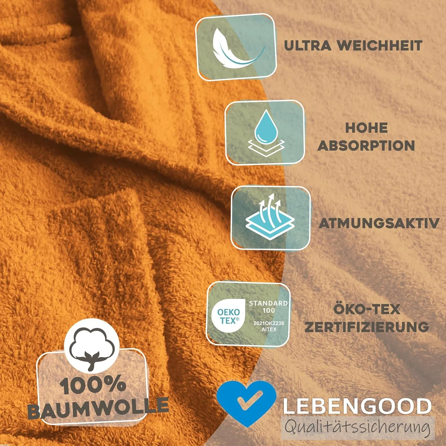 Bademantel für Damen, Herren, Unisex, Frottee 100% Baumwolle, Weicher Morgenmantel Dusche, Grössen F - Image 8