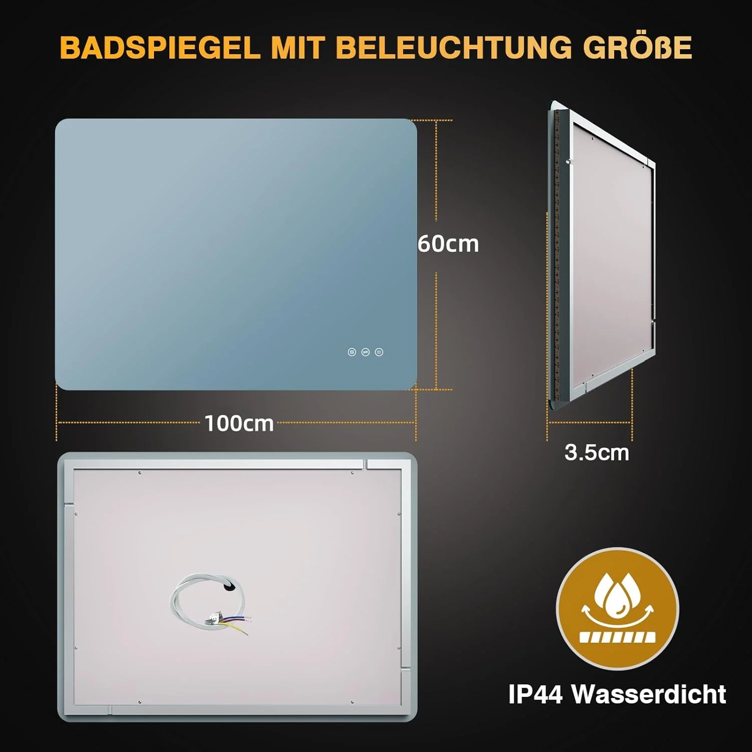 Badezimmer Spiegel mit Beleuchtung 100x60cm, LED Bad Spiegel mit licht, Antibeschlag, 3 Lichtfarben, - Image 2