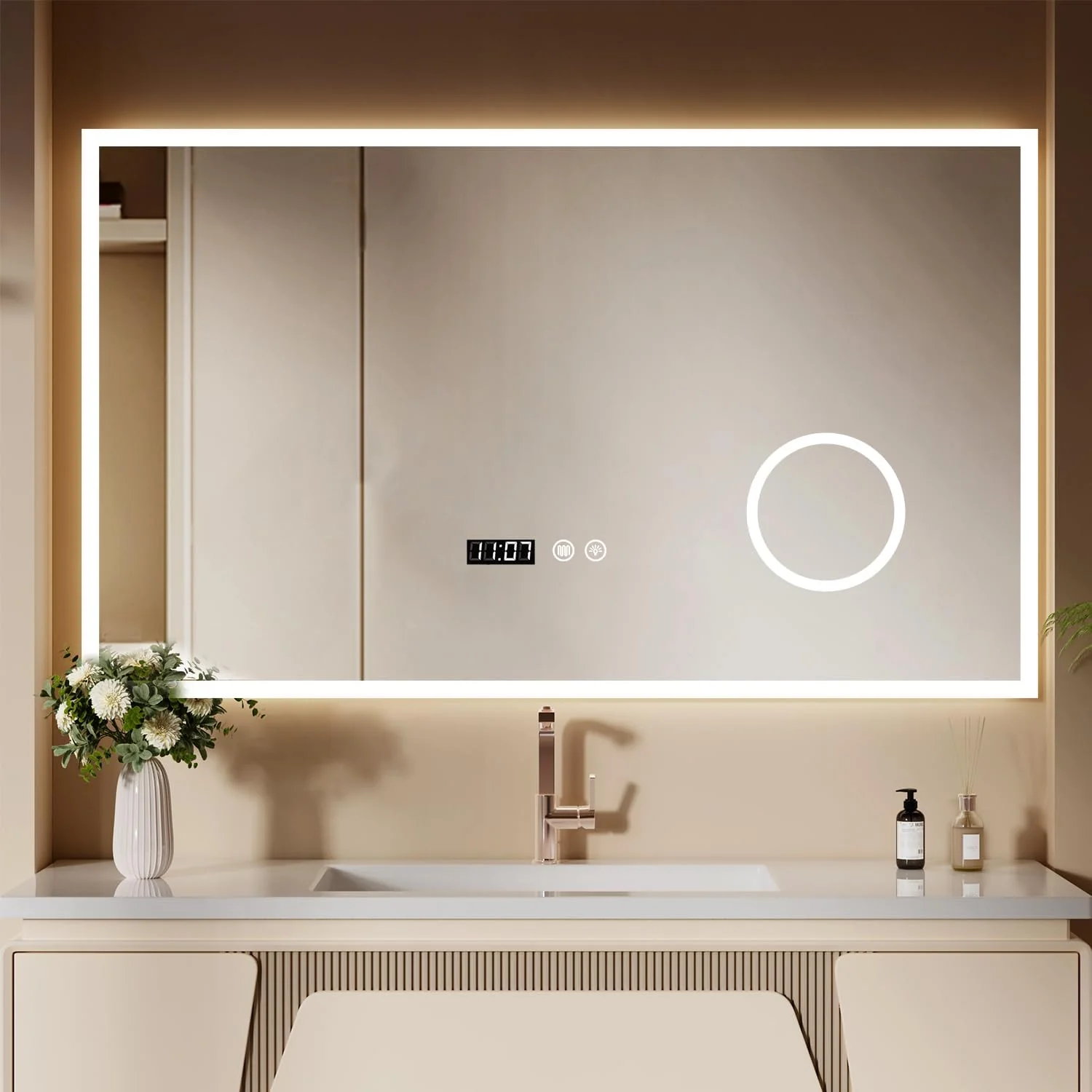 Badezimmerspiegel Wandspiegel LED Badspiegel mit Beleuchtung und Uhr Aussenring mit Vergrösserungssp - Image 2