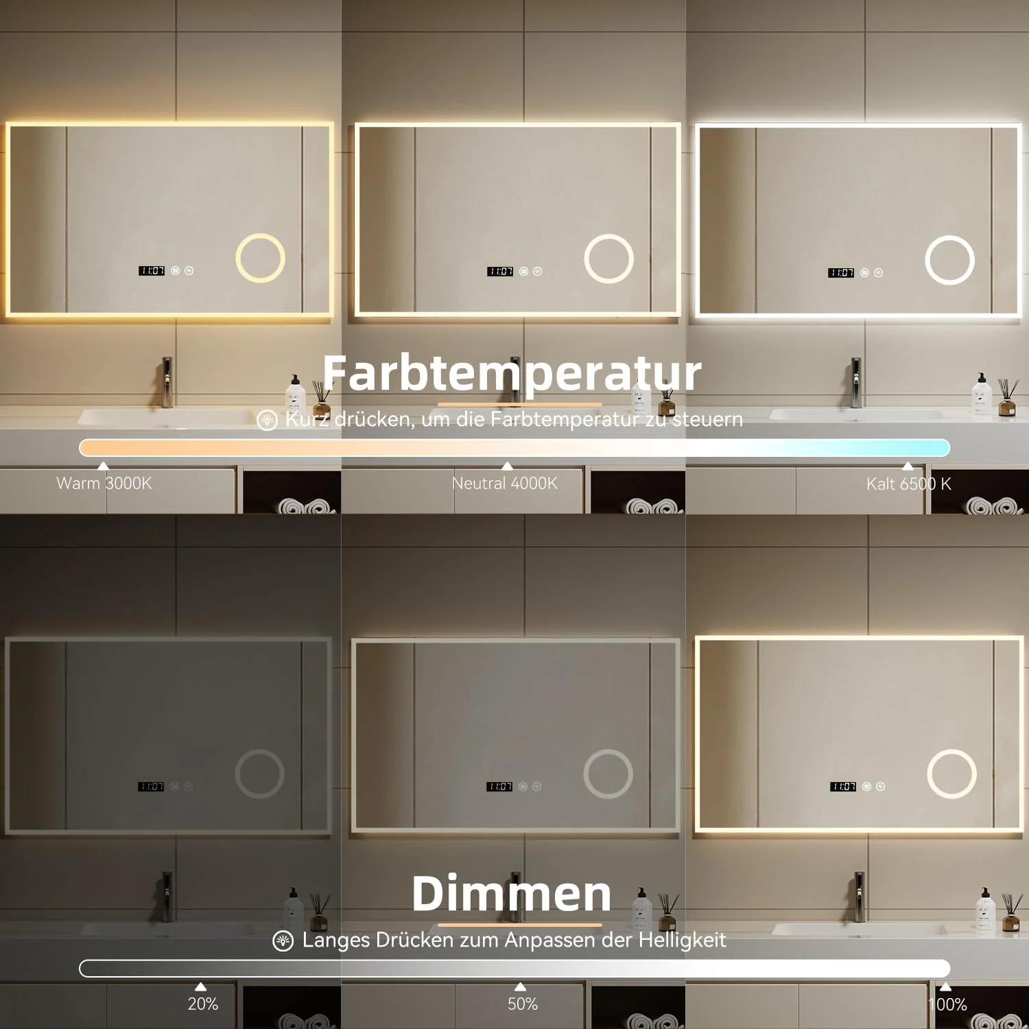 Badezimmerspiegel Wandspiegel LED Badspiegel mit Beleuchtung und Uhr Aussenring mit Vergrösserungssp - Image 3