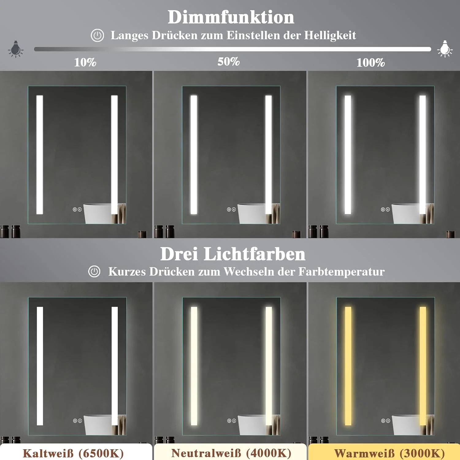 Badspiegel mit Beleuchtung 40x60cm : LED Badezimmerspiegel - Badezimmer Spiegel mit Beschlagfrei - T - Image 5
