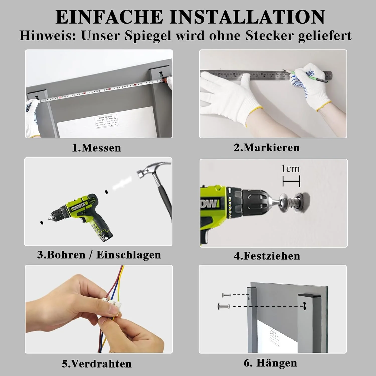 Badspiegel mit Beleuchtung 40x60cm : LED Badezimmerspiegel - Badezimmer Spiegel mit Beschlagfrei - T - Image 6