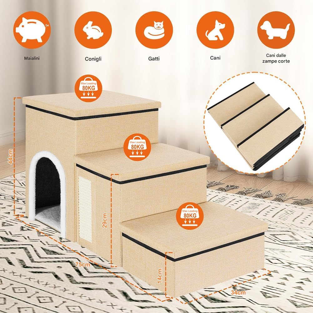 BAKAJI 3-in-1 Klapptreppe für Hunde und Katzen, aus Polyester, Beige, multifunktionale Leiter für St - Image 2