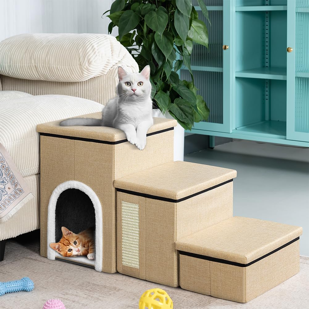 BAKAJI 3-in-1 Klapptreppe für Hunde und Katzen, aus Polyester, Beige, multifunktionale Leiter für St - Image 4