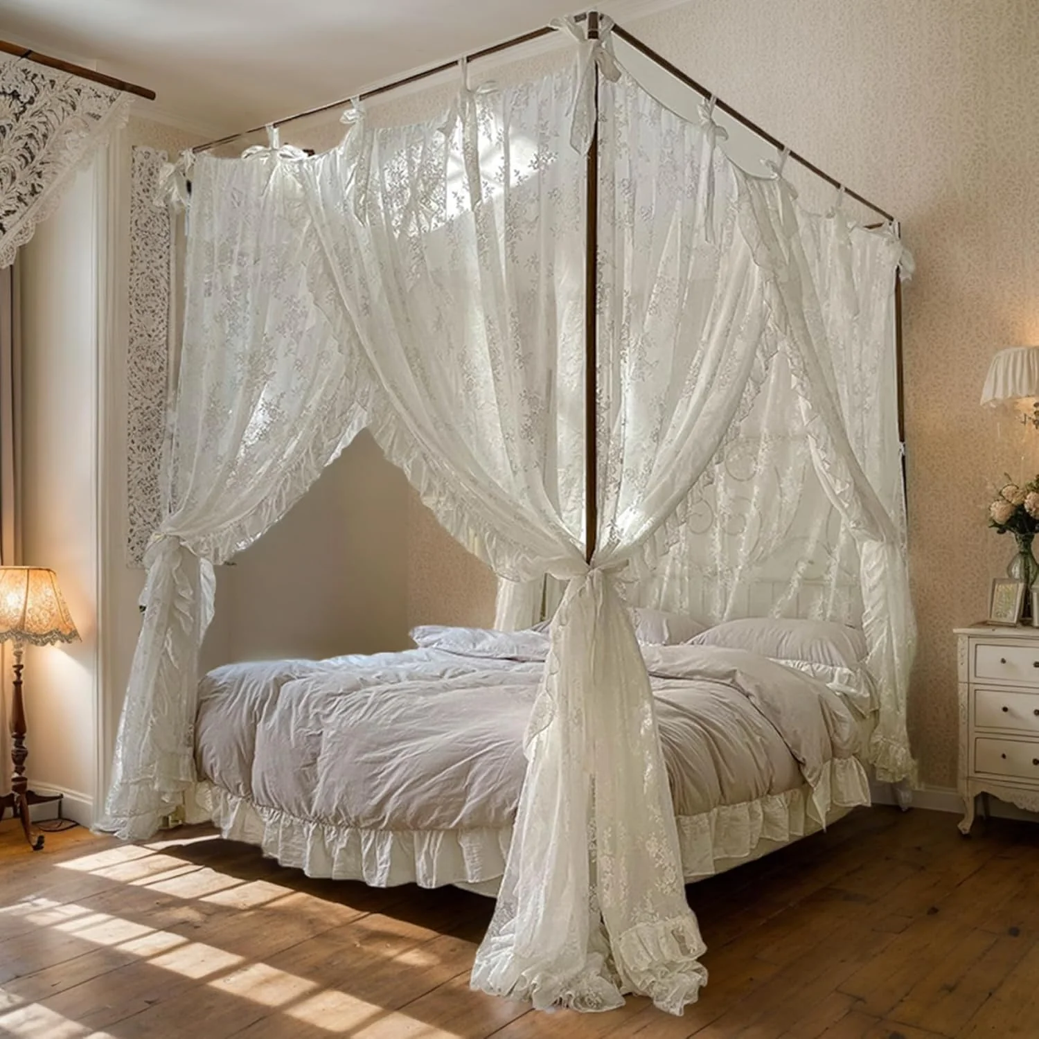 Baldachin Bettvorhänge Dreieröffnender Spitzen-Prinzessin-Bett Baldachin 4 Eckpfosten Hangbett Vorhä - Image 6
