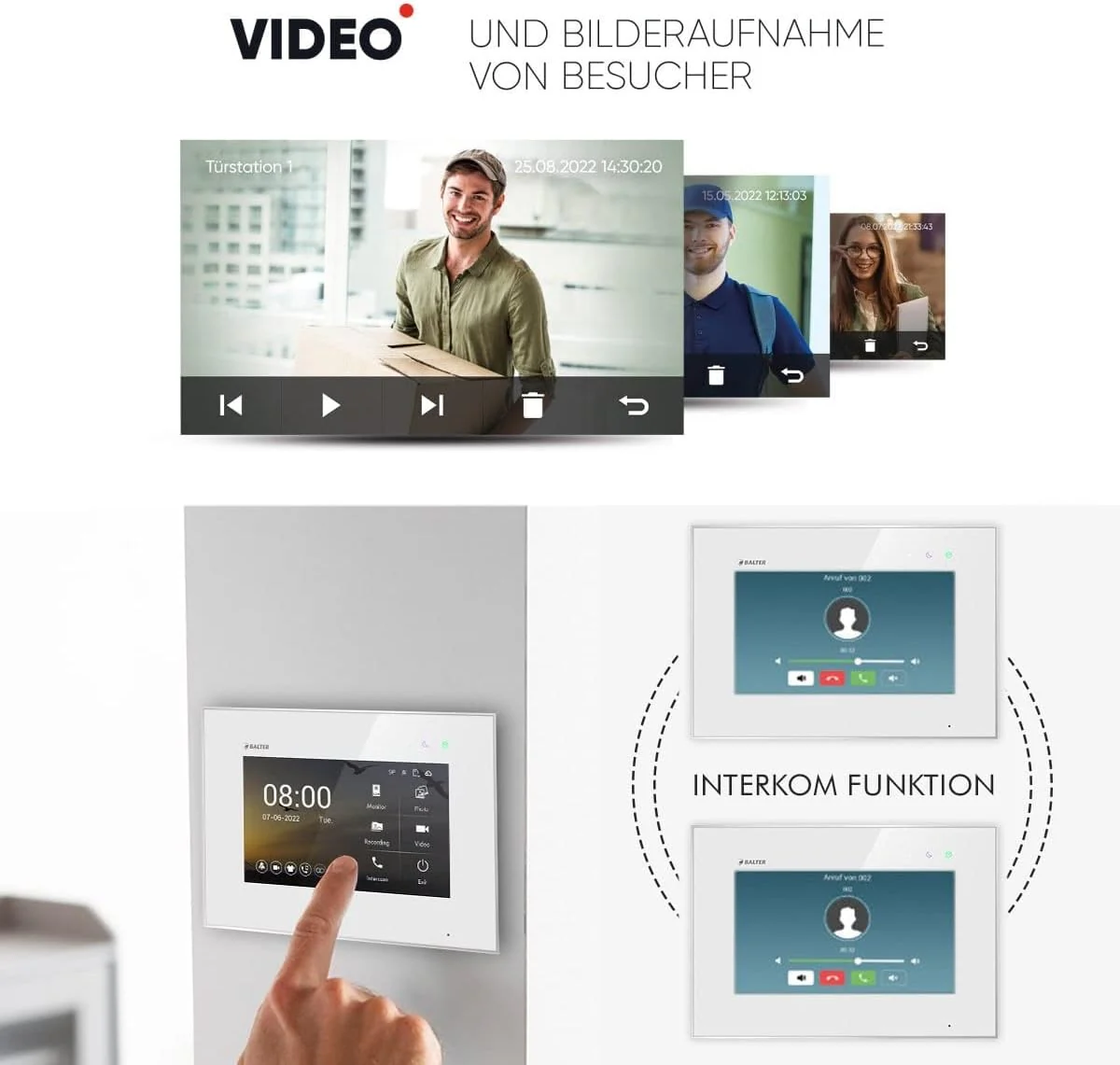 Balter EVO HD Schwarz/Weiss Video Türsprechanlage Set für 4 Familienhaus (1x Türstation mit Full HD- - Image 5