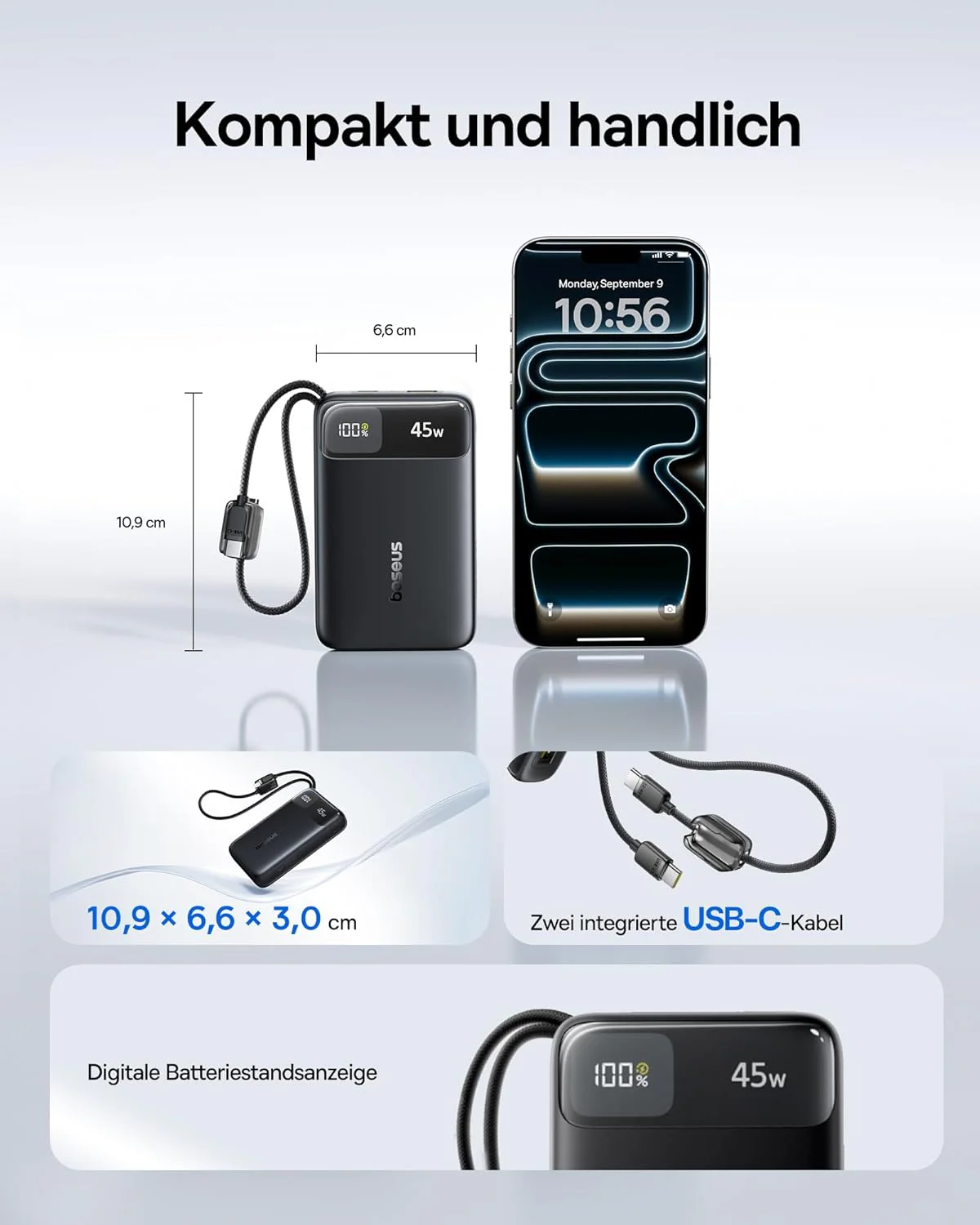 Baseus FC11 Powerbank 45W 20000mAh mit 2 Integriertem USB-C Kabel, Power Bank Klein CCC Zertifizieru - Image 4