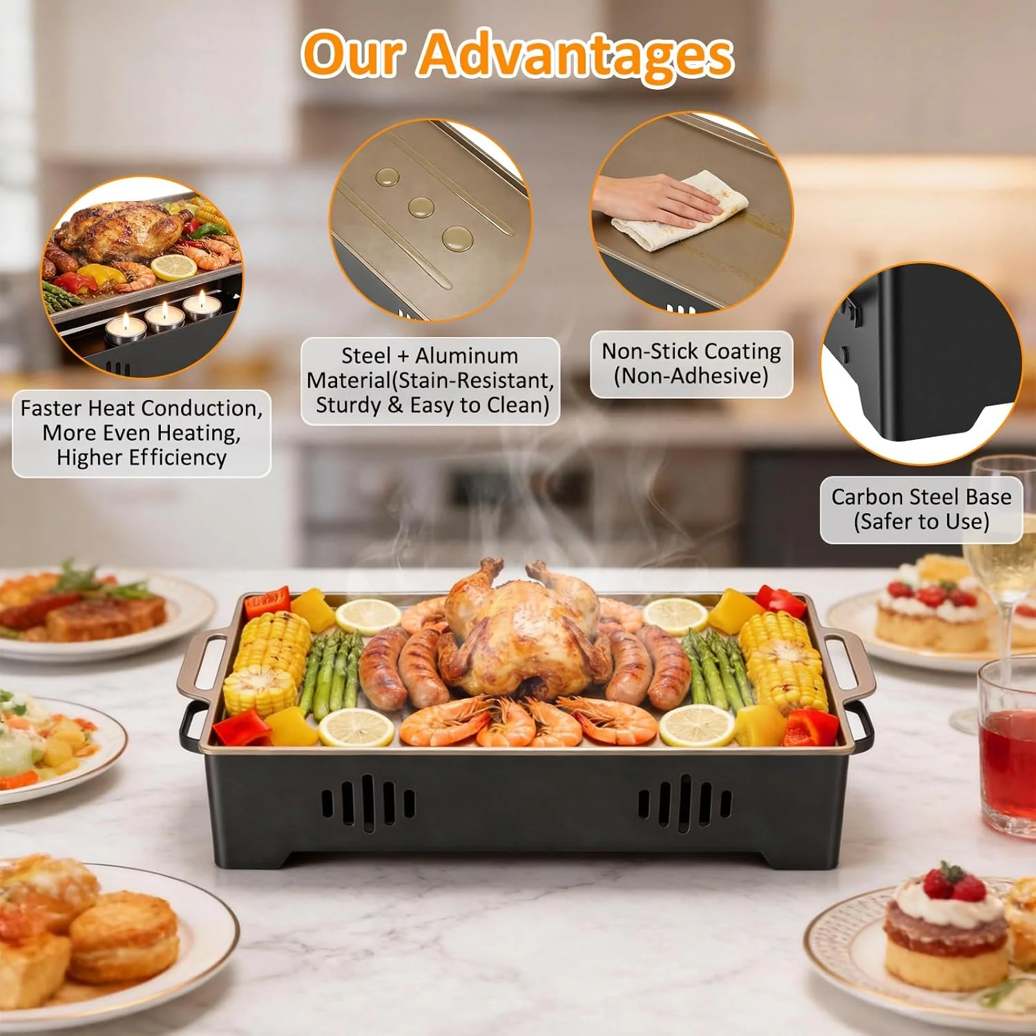 BBQ Board zum Warmhalteplatte, Fleischwarmhalter mit Edelstahlauflage & DREI Teelichthalter Speisenw - Image 5