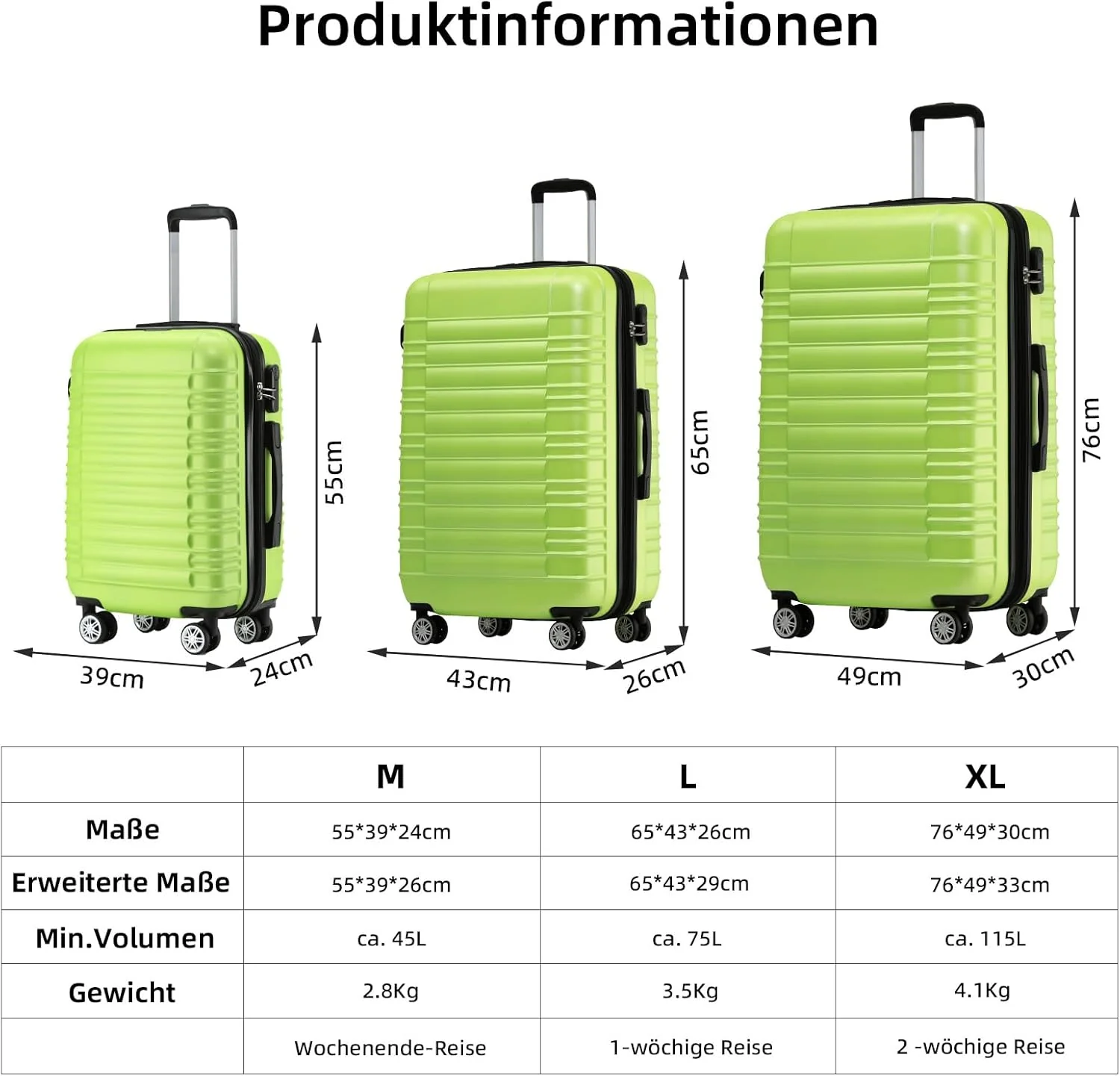 BEIBYE Reisekoffer 2088 Hartschalekoffer Gepäck Koffer Trolley Grösse L in 14 Farben (Grün) Grün L, - Image 6