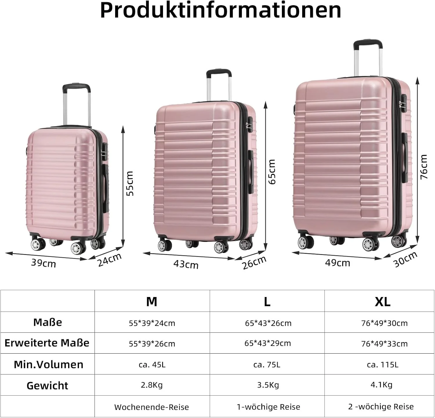 BEIBYE Reisekoffer 2088 Hartschalekoffer Gepäck Koffer Trolley Grösse XL in 14 Farben (Rosagold) Ros - Image 5