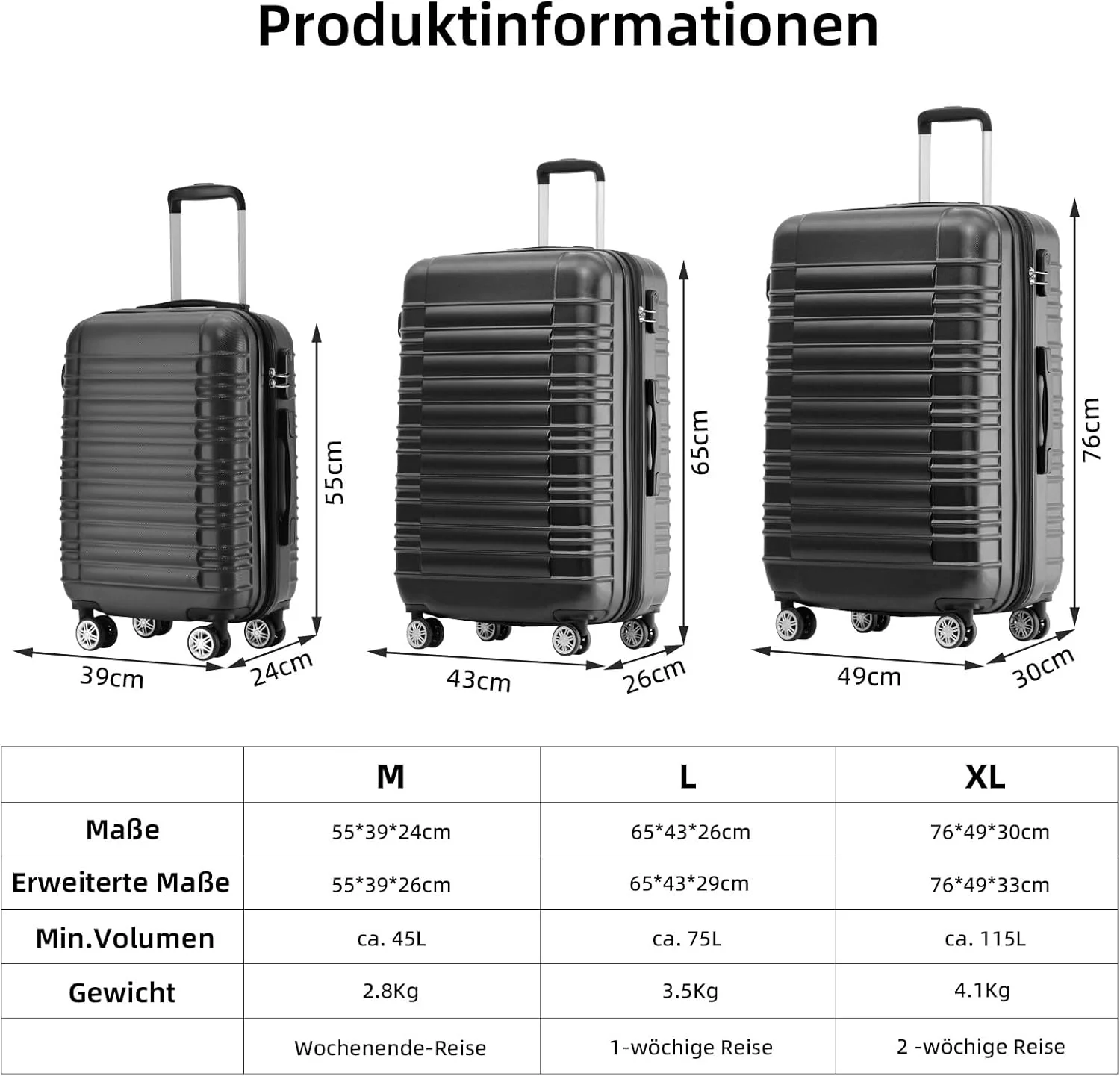 BEIBYE Reisekoffer 2088 Hartschalekoffer Gepäck Koffer Trolley Grösse XL in 14 Farben (Schwarz) Schw - Image 6