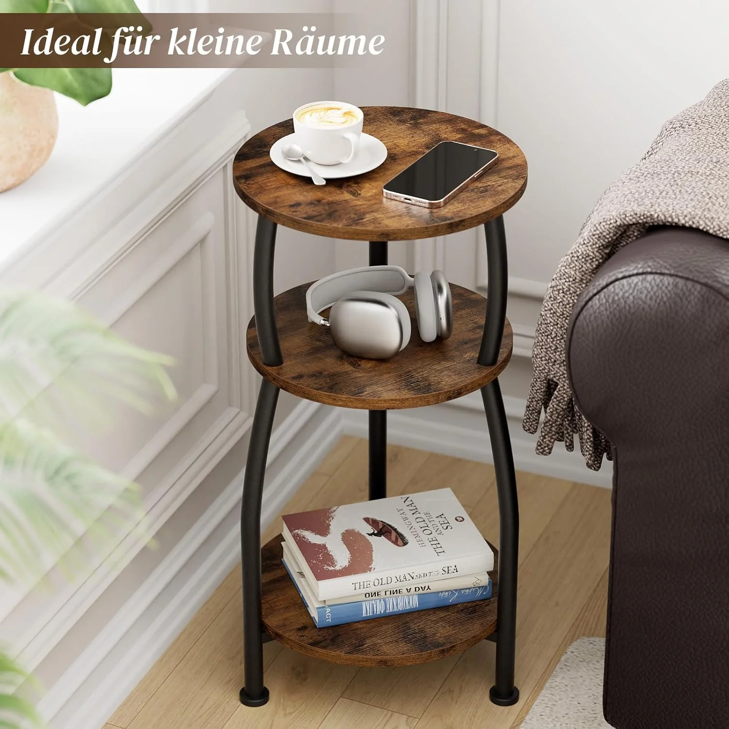 Beistelltisch rund, Kleiner Runder Tisch 3 Ebenen, Couchtisch klein mit Aufbewahrung, Nachttisch, Ka - Image 4