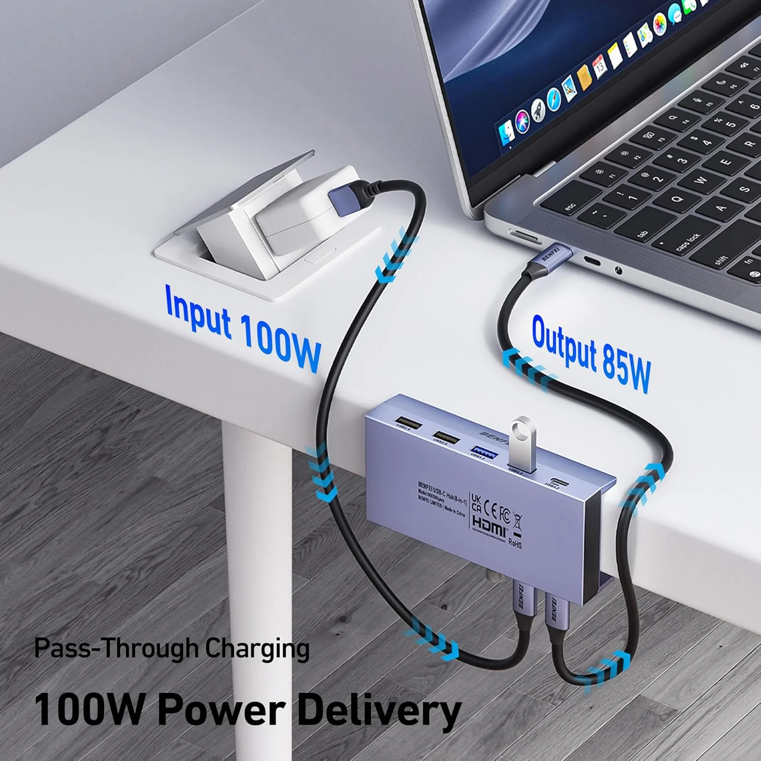 BENFEI 8-in-1 USB C Hub mit sicherer Klemmfunktion – Mit 4K@60Hz HDMI, Gigabit Ethernet, 100W PD, 10 - Image 5