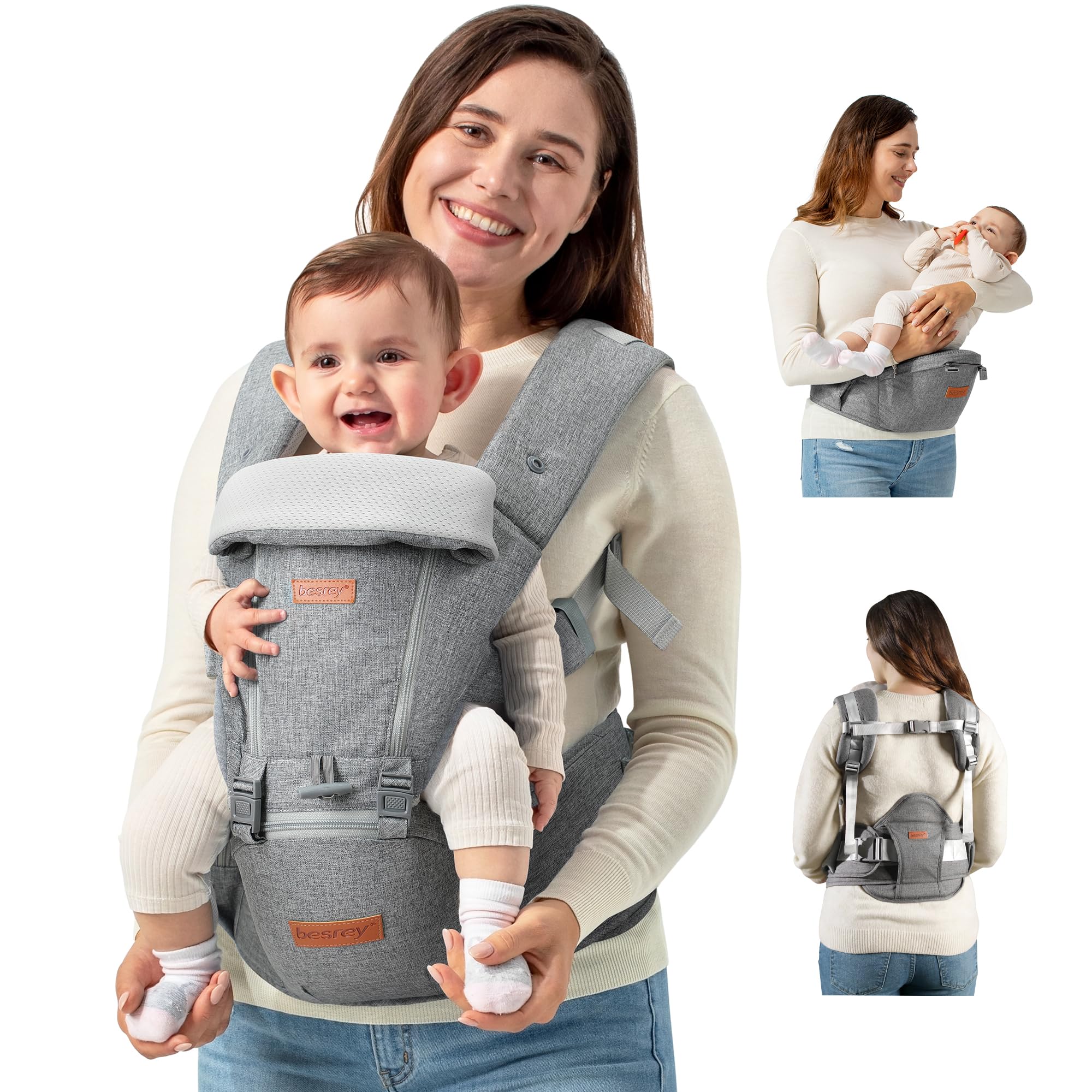 besrey Babytrage mit Hüftsitz und Kopfstütze, Tragehilfe für Babys 4-36 Monate, Baby Carrier Trage I