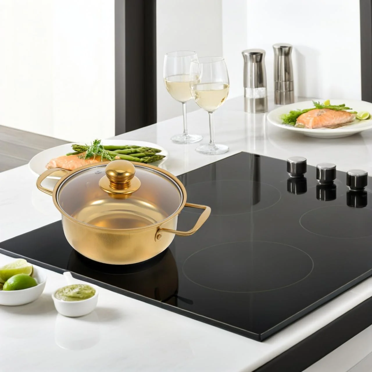 BESTYASH Induktionsgeeigneter Edelstahl Ramen Topf Mit Glasdeckel Goldene Kleine Kochpfanne Doppelte - Image 5