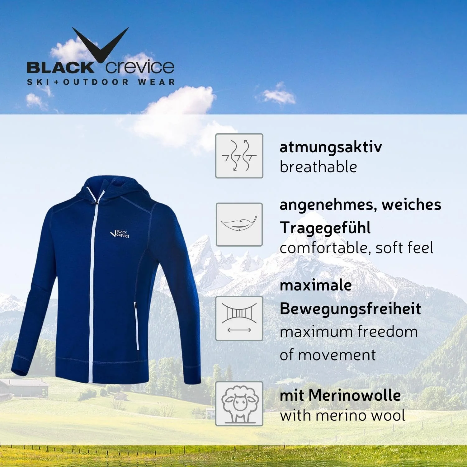 Black Crevice Herren Merino Kapuzenjacke I Hochwertige Merino-Jacke I Jacke für Herren aus 70% Merin - Image 2