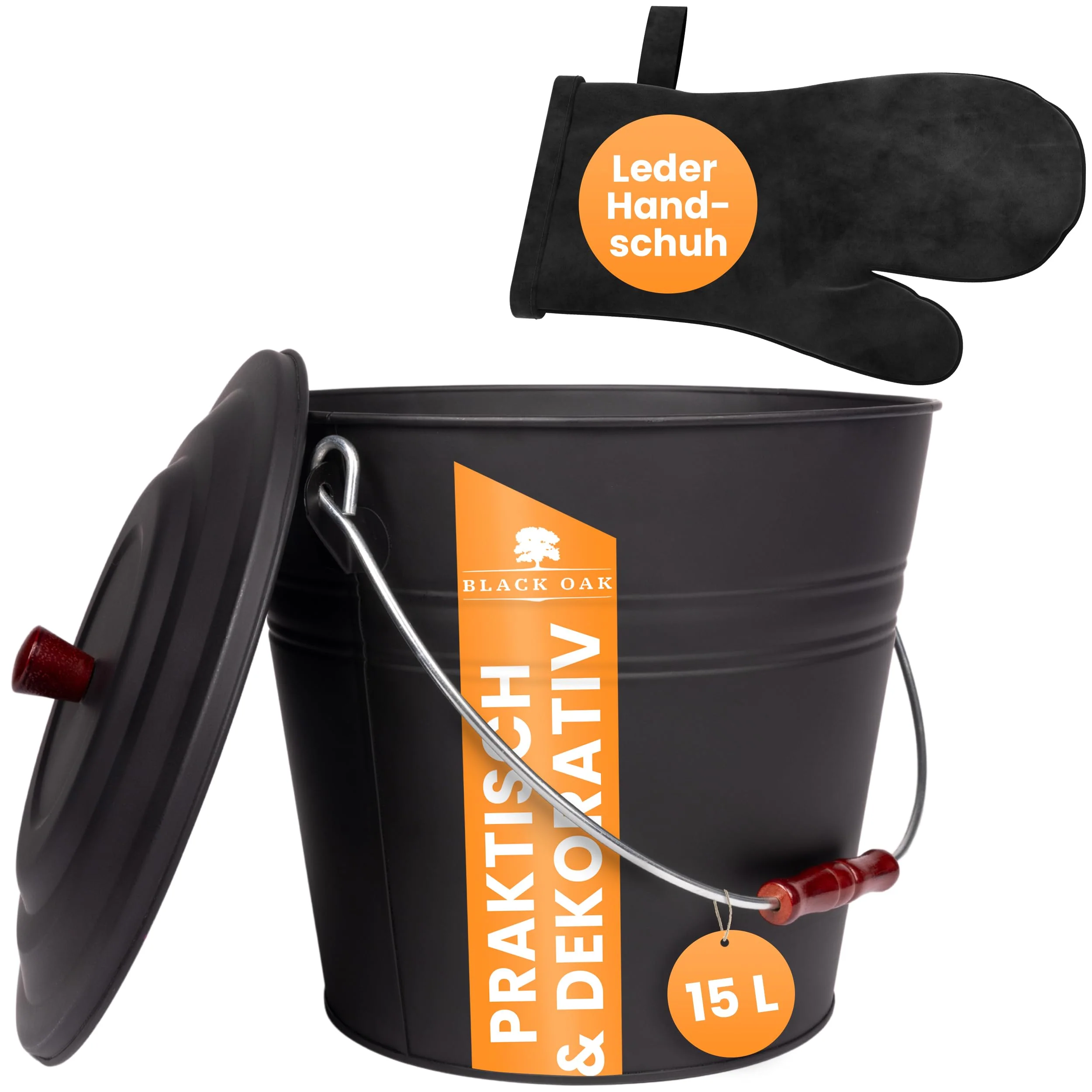 BLACK OAK Ascheeimer Katla 15L mit Lederhandschuh – schwarz Deckel mit Holzknopf - gross 15 Liter -