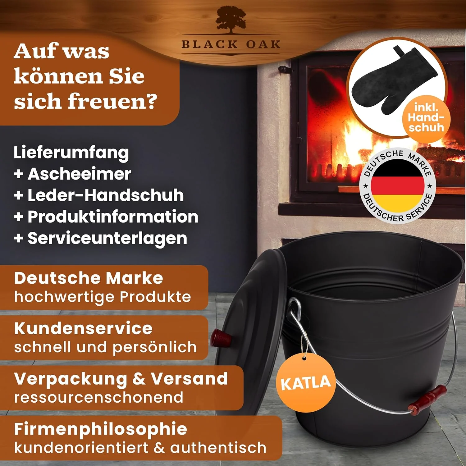 BLACK OAK Ascheeimer Katla 15L mit Lederhandschuh – schwarz Deckel mit Holzknopf - gross 15 Liter - - Image 8