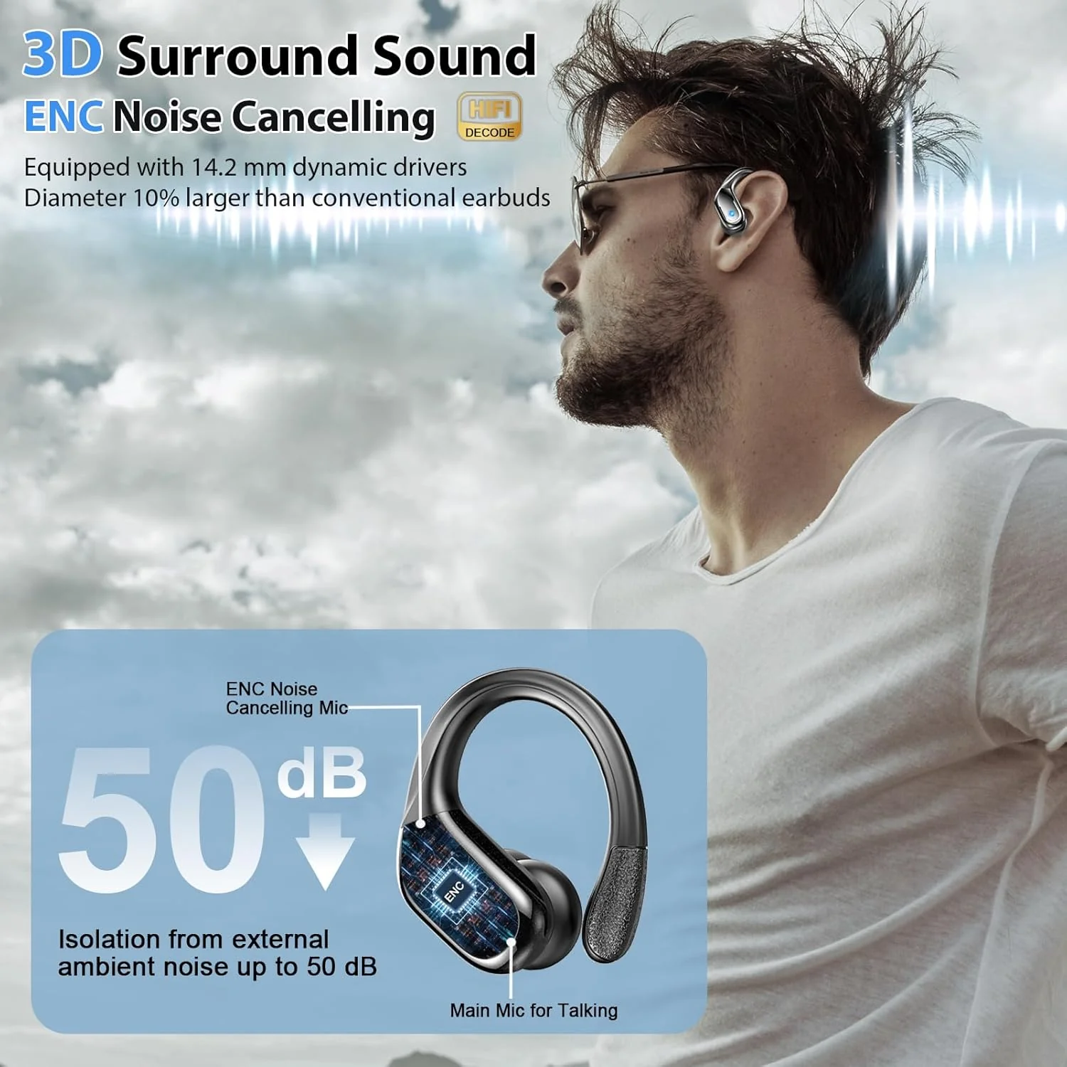 Bluetooth 5.4 Kopfhörer Sport, 75Std HiFi-Stereo Kopfhörer Kabellos Bluetooth, IP-X8 Wasserdicht Tie - Image 2